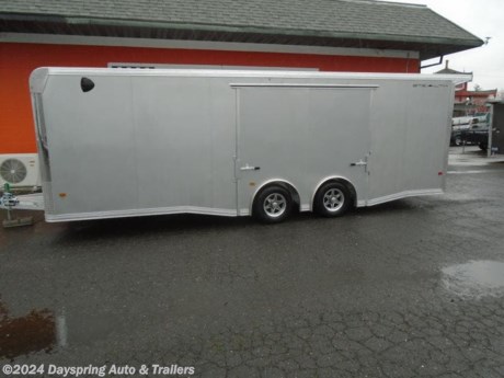 This is a all aluminum car hauler sitting on tandem 5200# torsion spread axles with brakes on both axles and nice premium wheels. fully finished interior with white walls and a white ceiling liner with a nice TPO flooring . The inside is a 24 foot floor.. The best thing is this trailer has a elite escape door which is the best escape door out there on the market. It has rear spoiler with loading lights and a rv style side door. Front overhead and lower cabinet. 2 foot aluminum starter flap


AT DAYSPRING, IT IS OUR GOAL TO HELP YOU FIND THE RIGHT TRAILER FOR YOUR NEEDS.
IF WE DON&#39;T HAVE IT, WE WILL BE MORE THAN HAPPY TO ORDER IT FOR YOU.
WE WANT TO MAKE SURE THAT YOU HAVE THE RIGHT TRAILER AND ACCESSORIES TO FIT YOUR NEEDS.
CONTACT US AND HAVE A GREAT EXPERIENCE BUYING YOUR NEW TRAILER!
TRADES ARE NO PROBLEM; JUST LET US KNOW WHAT YOU HAVE.
FINANCING RATES ARE LOWER THROUGH CREDIT UNIONS WE ARE A CERTIFIED CUDL DEALER