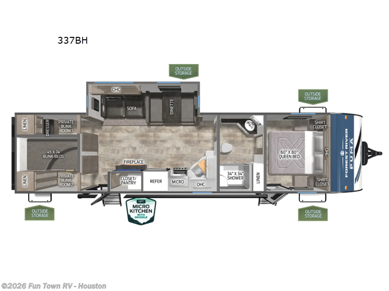 2026 Forest River Puma 337BH - New Travel Trailer For Sale by Fun Town RV - Houston in Wharton, Texas features Slideout
