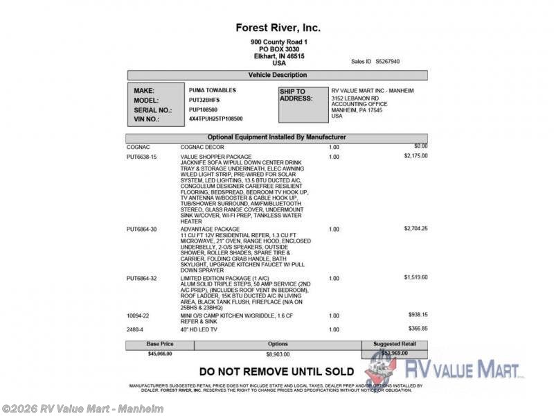 2026 Puma 32BHFS by Forest River from RV Value Mart - Manheim in Manheim, Pennsylvania