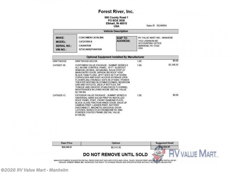 2026 Catalina Summit Series 8 211BH by Coachmen from RV Value Mart - Manheim in Manheim, Pennsylvania