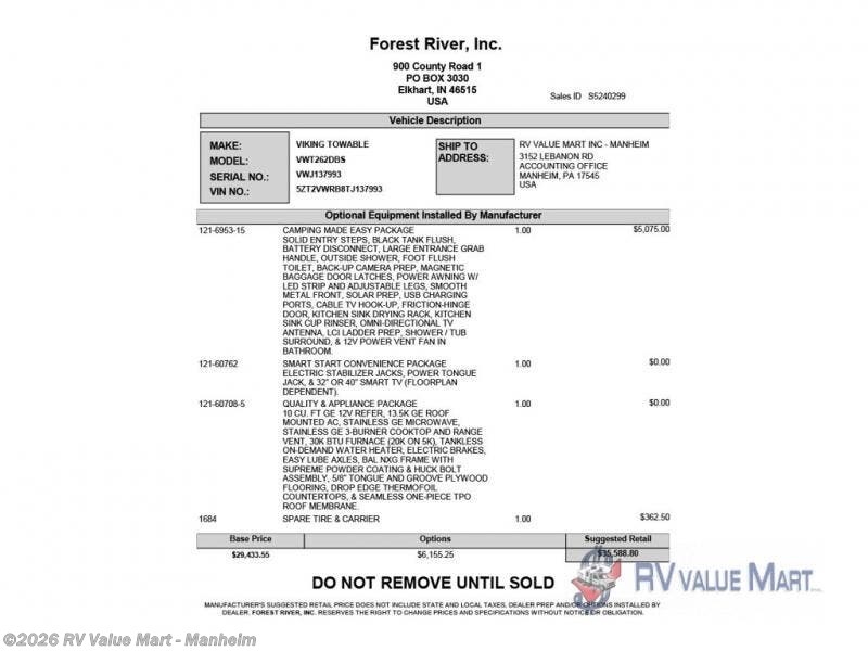 2026 Viking 6K Series 262DBS by Forest River from RV Value Mart - Manheim in Manheim, Pennsylvania
