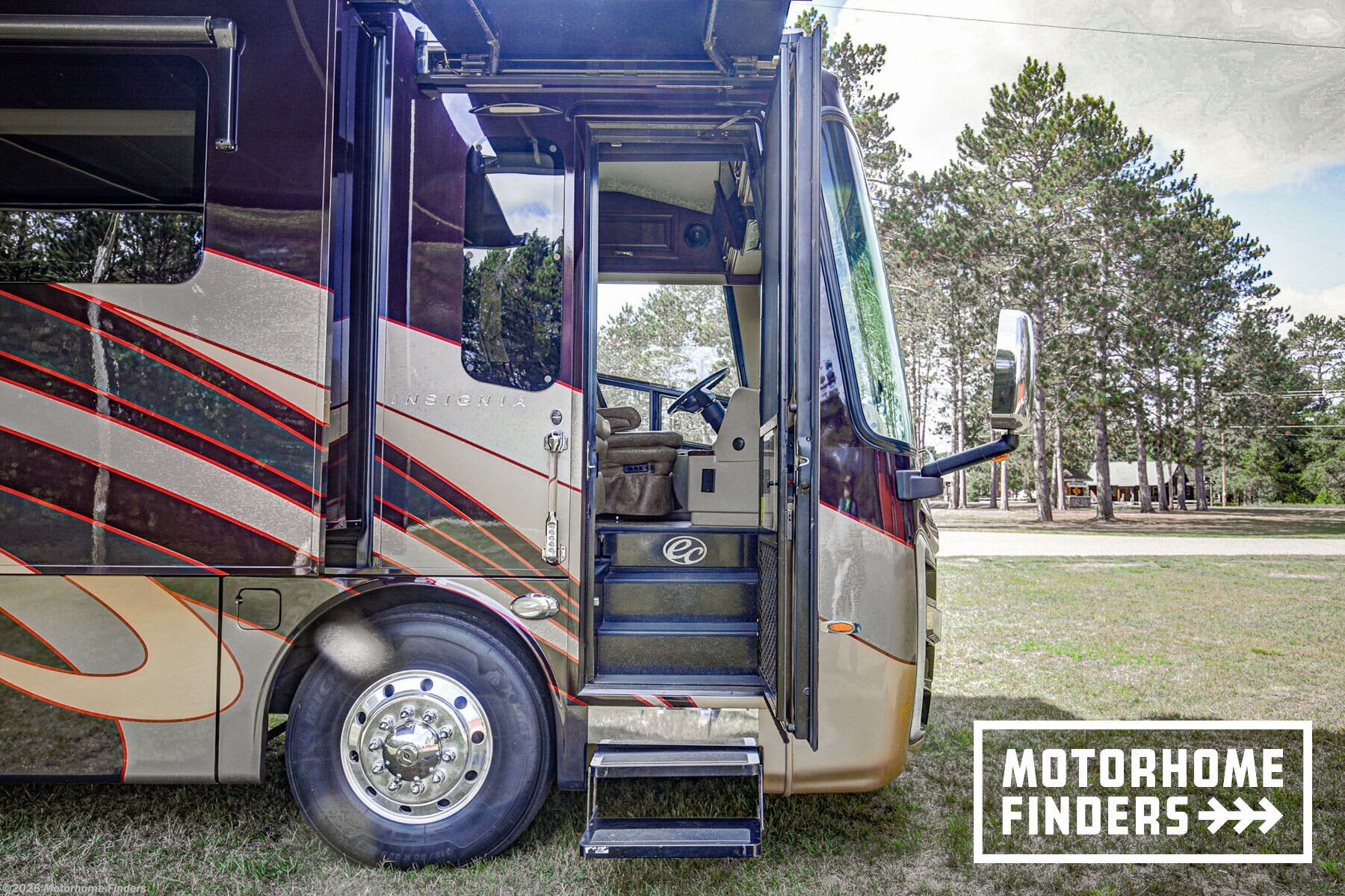 2018 Entegra Coach Insignia 44B - Used Diesel Pusher For Sale by Motorhome Finders in Boulder Junction, Wisconsin features Solid Surface Countertops, LED HDTV, Refrigerator, Fire Extinguisher, Convection Microwave