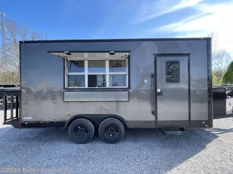 &lt;div&gt;NEW 8.5 X 18 ENCLOSED CONCESSION TRAILER&lt;/div&gt;
&lt;div&gt;&amp;nbsp;&lt;/div&gt;
&lt;div&gt;Up for your consideration is a Brand New Model 8.5x18 Tandem Axle, Enclosed Concession/Food Vending Cargo Trailer.&amp;nbsp;&lt;/div&gt;
&lt;div&gt;&amp;nbsp;&lt;/div&gt;
&lt;div&gt;Standard Elite Series Features:&lt;/div&gt;
&lt;div&gt;&amp;nbsp;&lt;/div&gt;
&lt;div&gt;- Heavy Duty 6&quot; I Beam Main Frame with 2 X 6 Square Tube&lt;/div&gt;
&lt;div&gt;- Heavy Duty 1&quot; x 1 1/2&quot; Square Tubular Wall Studs &amp;amp; Roof Bows&lt;/div&gt;
&lt;div&gt;- 18&#39; Box Space&lt;/div&gt;
&lt;div&gt;- 16&quot; On Center Walls&lt;/div&gt;
&lt;div&gt;- 16&quot; On Center Floors&lt;/div&gt;
&lt;div&gt;- 16&quot; On Center Roof Bows&lt;/div&gt;
&lt;div&gt;- Complete Braking System (Electric Brakes on both axles, Battery Back-Up, &amp;amp; Safety Switch)&lt;/div&gt;
&lt;div&gt;- (2) 3,500lb 4&quot; &quot;Dexter&quot; Drop Axles w/ EZ LUBE Grease Fittings (Self Adjusting Brakes Axles)&lt;/div&gt;
&lt;div&gt;- 32&quot; Side Door with Lock&lt;/div&gt;
&lt;div&gt;- 6&#39;6&quot; Interior Height&lt;/div&gt;
&lt;div&gt;- Galvalume Seamed Roof w/ Thermo Ply Ceiling Liner&lt;/div&gt;
&lt;div&gt;- 2 5/16&quot; Coupler w/ Snapper Pin&lt;/div&gt;
&lt;div&gt;- Heavy Duty Safety Chains&lt;/div&gt;
&lt;div&gt;- 7-Way Round RV Style Wiring Harness Plug&lt;/div&gt;
&lt;div&gt;- 3/8&quot; Heavy Duty Top Grade Plywood Walls&lt;/div&gt;
&lt;div&gt;- 3/4&quot; Heavy Duty Top Grade Plywood Floors&lt;/div&gt;
&lt;div&gt;- Smooth Teardrop Style Fender Flares&lt;/div&gt;
&lt;div&gt;- 2K A-Frame Top Wind Jack&lt;/div&gt;
&lt;div&gt;- Top Quality Exterior Grade Paint&lt;/div&gt;
&lt;div&gt;- (1) Non-Powered Interior Roof Vent&lt;/div&gt;
&lt;div&gt;- (1) 12 Volt Interior Trailer Dome Light w/ Wall Switch&lt;/div&gt;
&lt;div&gt;- 24&quot; Diamond Plate ATP Front Stone Guard with Matching V-Nose Cap&lt;/div&gt;
&lt;div&gt;- 15&quot; Radial (ST20575R15) Tires &amp;amp; Wheels&lt;/div&gt;
&lt;div&gt;- Exterior L.E.D. Lighting Package&lt;/div&gt;
&lt;div&gt;&amp;nbsp;&lt;/div&gt;
&lt;div&gt;Concession Package:&lt;/div&gt;
&lt;div&gt;&amp;nbsp;&lt;/div&gt;
&lt;div&gt;- Concession Package ~ 8&#39; Range Hood, Air Flow Blower, 2 Interior Range Lights, Grease Trap on Roof, Aluminum Back Splash&lt;/div&gt;
&lt;div&gt;- 12&quot; Extra Interior Height (Total Interior Height = 7 Foot 6 Inch Interior Height)&lt;/div&gt;
&lt;div&gt;- 1 - 3 X 6 Exterior Concession/Vending Windows w/ Glass and Screen (on passenger side middle)&lt;/div&gt;
&lt;div&gt;- 12&quot; X 6&#39; Serving Tray (Exterior)&lt;/div&gt;
&lt;div&gt;- 6&#39; Serving Counter/ Base Cabinet Under Concession Window&lt;/div&gt;
&lt;div&gt;- A/C Unit, Prewire &amp;amp; Brace (13,500 BTU Unit w/ Heat Strip)&lt;/div&gt;
&lt;div&gt;- 2- Propane Tank Cages with Swing Door&lt;/div&gt;
&lt;div&gt;- Electrical Package (100 Amp Panel Box w/25&#39; Life Line, 4-110 Volt Interior Recepts, 4-4&#39; 12 Volt L.E.D. Strip Lights w/ Battery)&lt;/div&gt;
&lt;div&gt;- White Metal Walls and Ceiling Liner&lt;/div&gt;
&lt;div&gt;- ATP Diamond Plate Floors&lt;/div&gt;
&lt;div&gt;- Sink Package - 3 Stainless Steel Sinks, Hand Washing Station, White Metal Base Cabinet w/ Mill Finish Top&lt;/div&gt;
&lt;div&gt;- 40 Gallon Fresh Water Tank, 50 Gallon Waste Water Tank, &amp;amp; 6 Gallon Hot Water Heater&lt;/div&gt;
&lt;div&gt;- Ceiling and Wall Insulation&lt;/div&gt;
&lt;div&gt;- 36&quot; RV Door w/ Window &amp;amp; Screen, and Screen Door&amp;nbsp;&lt;/div&gt;
&lt;div&gt;- Solid Rear Wall ilo Ramp Door&lt;/div&gt;
&lt;div&gt;- Stabilizer Jacks (Pair)&lt;/div&gt;
&lt;div&gt;- Pull Out Step Under Side Door&lt;/div&gt;
&lt;div&gt;- Extended Tongue with ATP Generator Platform&lt;/div&gt;
&lt;div&gt;- ATP Generator Box&lt;/div&gt;
&lt;div&gt;&amp;nbsp;&lt;/div&gt;
&lt;div&gt;
&lt;p&gt;- Charcoal Gray with Blackout Package&lt;/p&gt;
&lt;p&gt;- Equipment Package Included - 36&quot; Griddle, 40# Deep Fryer, 6 Burner Stove&lt;/p&gt;
&lt;p&gt;- Fire Suppression&lt;br&gt;&amp;nbsp;&lt;/p&gt;
&lt;p&gt;* * N.A.T.M. Inspected and Certified * *&lt;br&gt;* * Manufacturers Title and 5 Year Limited Warranty Included * *&lt;br&gt;* * PRODUCT LIABILITY INSURANCE * *&lt;br&gt;* * FINANCING IS AVAILABLE W/ APPROVED CREDIT * *&lt;/p&gt;
&lt;p&gt;&lt;br&gt;Trailer is offered @ pick up in Lewisburg, TN...We also offer Nationwide Delivery, please contact us for more information about our Optional Delivery Services and Pick-Up Locations.&lt;/p&gt;
&lt;p&gt;CALL: 888-710-2112&lt;/p&gt;
&lt;/div&gt;