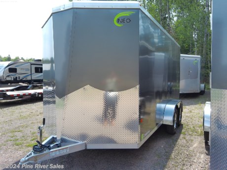 &lt;p&gt;&lt;span style=&quot;font-family: verdana, geneva, sans-serif;&quot;&gt;This&amp;nbsp;Neo&amp;nbsp;NAVR 7x14 enclosed trailer is charcoal in color and has a rear ramp door with NXP latch. It comes with a 3500# torsion axles with 15&quot; aluminum wheels. Neo&#39;s NAVR is an aluminum enclosed cargo trailer that has a v-nose and a rounded top. These are high quality long lasting enclosed trailers. &amp;nbsp;&lt;/span&gt;&lt;/p&gt;
&lt;p&gt;&lt;span style=&quot;font-size: 14px; font-family: verdana, geneva, sans-serif;&quot;&gt;&lt;strong&gt;Features&amp;nbsp; &amp;nbsp; &amp;nbsp; &amp;nbsp; &amp;nbsp; &amp;nbsp; &amp;nbsp; &amp;nbsp;&lt;/strong&gt;&lt;strong&gt;&lt;span style=&quot;color: #222222;&quot;&gt;&amp;nbsp;&lt;/span&gt;&lt;/strong&gt;&lt;/span&gt;&lt;/p&gt;
&lt;ul&gt;
&lt;li dir=&quot;ltr&quot; style=&quot;line-height: 1.38;&quot;&gt;&lt;span style=&quot;font-family: verdana, geneva, sans-serif;&quot;&gt;&lt;span style=&quot;white-space: pre-wrap;&quot;&gt;7,000 lbs. GVWR&lt;/span&gt;&lt;/span&gt;&lt;/li&gt;
&lt;li dir=&quot;ltr&quot; style=&quot;line-height: 1.38;&quot;&gt;&lt;span style=&quot;font-family: verdana, geneva, sans-serif;&quot;&gt;&lt;span style=&quot;white-space: pre-wrap;&quot;&gt;6&quot; Extra Height&lt;/span&gt;&lt;/span&gt;&lt;/li&gt;
&lt;li dir=&quot;ltr&quot; style=&quot;line-height: 1.38;&quot;&gt;&lt;span style=&quot;font-size: 14px; font-family: verdana, geneva, sans-serif; color: #000000; background-color: #ffffff; font-weight: 400; font-style: normal; font-variant: normal; text-decoration: none; vertical-align: baseline; white-space: pre-wrap;&quot;&gt;3500# Tandem Dexter Torsion Axles &lt;/span&gt;&lt;/li&gt;
&lt;li dir=&quot;ltr&quot; style=&quot;line-height: 1.38;&quot;&gt;&lt;span style=&quot;font-size: 14px; font-family: verdana, geneva, sans-serif; color: #000000; background-color: #ffffff; font-weight: 400; font-style: normal; font-variant: normal; text-decoration: none; vertical-align: baseline; white-space: pre-wrap;&quot;&gt;Self Adjusting Electric Brakes, EZ Lube Hubs&lt;/span&gt;&lt;/li&gt;
&lt;li dir=&quot;ltr&quot; style=&quot;line-height: 1.38;&quot;&gt;&lt;span style=&quot;font-size: 14px; font-family: verdana, geneva, sans-serif; color: #000000; background-color: #ffffff; font-weight: 400; font-style: normal; font-variant: normal; text-decoration: none; vertical-align: baseline; white-space: pre-wrap;&quot;&gt;Color: Charcoal&lt;/span&gt;&lt;/li&gt;
&lt;li dir=&quot;ltr&quot; style=&quot;line-height: 1.38;&quot;&gt;&lt;span style=&quot;font-size: 14px; font-family: verdana, geneva, sans-serif; color: #000000; background-color: #ffffff; font-weight: 400; font-style: normal; font-variant: normal; text-decoration: none; vertical-align: baseline; white-space: pre-wrap;&quot;&gt;7&#39; Interior Height&lt;/span&gt;&lt;/li&gt;
&lt;li dir=&quot;ltr&quot; style=&quot;line-height: 1.38;&quot;&gt;&lt;span style=&quot;font-size: 14px; font-family: verdana, geneva, sans-serif; color: #000000; background-color: #ffffff; font-weight: 400; font-style: normal; font-variant: normal; text-decoration: none; vertical-align: baseline; white-space: pre-wrap;&quot;&gt;Spring Assist Rear Ramp w/ Greaseless Hinges &lt;/span&gt;&lt;/li&gt;
&lt;li dir=&quot;ltr&quot; style=&quot;line-height: 1.38;&quot;&gt;&lt;span style=&quot;font-size: 14px; font-family: verdana, geneva, sans-serif; color: #000000; background-color: #ffffff; font-weight: 400; font-style: normal; font-variant: normal; text-decoration: none; vertical-align: baseline; white-space: pre-wrap;&quot;&gt;Ramp door&lt;/span&gt;&lt;/li&gt;
&lt;li dir=&quot;ltr&quot; style=&quot;line-height: 1.38;&quot;&gt;&lt;span style=&quot;font-size: 14px; font-family: verdana, geneva, sans-serif; color: #000000; background-color: #ffffff; font-weight: 400; font-style: normal; font-variant: normal; text-decoration: none; vertical-align: baseline; white-space: pre-wrap;&quot;&gt;Door, 23&quot;x74&quot;&lt;/span&gt;&lt;/li&gt;
&lt;li dir=&quot;ltr&quot; style=&quot;line-height: 1.38;&quot;&gt;&lt;span style=&quot;font-size: 14px; font-family: verdana, geneva, sans-serif; color: #000000; background-color: #ffffff; font-weight: 400; font-style: normal; font-variant: normal; text-decoration: none; vertical-align: baseline; white-space: pre-wrap;&quot;&gt;Frame 24 OC&lt;/span&gt;&lt;/li&gt;
&lt;li dir=&quot;ltr&quot; style=&quot;line-height: 1.38;&quot;&gt;&lt;span style=&quot;font-size: 14px; font-family: verdana, geneva, sans-serif; color: #000000; background-color: #ffffff; font-weight: 400; font-style: normal; font-variant: normal; text-decoration: none; vertical-align: baseline; white-space: pre-wrap;&quot;&gt;Floor 3/4&quot; plywood&lt;/span&gt;&lt;/li&gt;
&lt;li dir=&quot;ltr&quot; style=&quot;line-height: 1.38;&quot;&gt;&lt;span style=&quot;font-size: 14px; font-family: verdana, geneva, sans-serif; color: #000000; background-color: #ffffff; font-weight: 400; font-style: normal; font-variant: normal; text-decoration: none; vertical-align: baseline; white-space: pre-wrap;&quot;&gt;Walls, 2/8&quot; ply&lt;/span&gt;&lt;/li&gt;
&lt;li dir=&quot;ltr&quot; style=&quot;line-height: 1.38;&quot;&gt;&lt;span style=&quot;font-size: 14px; font-family: verdana, geneva, sans-serif; color: #000000; background-color: #ffffff; font-weight: 400; font-style: normal; font-variant: normal; text-decoration: none; vertical-align: baseline; white-space: pre-wrap;&quot;&gt;Manual vent roof&lt;/span&gt;&lt;/li&gt;
&lt;li dir=&quot;ltr&quot; style=&quot;line-height: 1.38;&quot;&gt;&lt;span style=&quot;font-size: 14px; font-family: verdana, geneva, sans-serif; color: #000000; background-color: #ffffff; font-weight: 400; font-style: normal; font-variant: normal; text-decoration: none; vertical-align: baseline; white-space: pre-wrap;&quot;&gt;E-track, wall mount, surface mount&lt;/span&gt;&lt;/li&gt;
&lt;li dir=&quot;ltr&quot; style=&quot;line-height: 1.38;&quot;&gt;&lt;span style=&quot;font-size: 14px; font-family: verdana, geneva, sans-serif; color: #000000; background-color: #ffffff; font-weight: 400; font-style: normal; font-variant: normal; text-decoration: none; vertical-align: baseline; white-space: pre-wrap;&quot;&gt;Roof 16&quot; OC&lt;/span&gt;&lt;/li&gt;
&lt;li dir=&quot;ltr&quot; style=&quot;line-height: 1.38;&quot;&gt;&lt;span style=&quot;font-size: 14px; font-family: verdana, geneva, sans-serif; color: #000000; background-color: #ffffff; font-weight: 400; font-style: normal; font-variant: normal; text-decoration: none; vertical-align: baseline; white-space: pre-wrap;&quot;&gt;36&quot; Stoneguard&lt;/span&gt;&lt;/li&gt;
&lt;li dir=&quot;ltr&quot; style=&quot;line-height: 1.38;&quot;&gt;&lt;span style=&quot;font-size: 14px; font-family: verdana, geneva, sans-serif; color: #000000; background-color: #ffffff; font-weight: 400; font-style: normal; font-variant: normal; text-decoration: none; vertical-align: baseline; white-space: pre-wrap;&quot;&gt;15&quot; Aluminum Wheels &lt;/span&gt;&lt;/li&gt;
&lt;li dir=&quot;ltr&quot; style=&quot;line-height: 1.38;&quot;&gt;Wall assy&amp;nbsp; 16&quot; OC&lt;/li&gt;
&lt;li dir=&quot;ltr&quot; style=&quot;line-height: 1.38;&quot;&gt;&lt;span style=&quot;font-size: 14px; font-family: verdana, geneva, sans-serif; color: #000000; background-color: #ffffff; font-weight: 400; font-style: normal; font-variant: normal; text-decoration: none; vertical-align: baseline; white-space: pre-wrap;&quot;&gt;Surface mount E-track-in the box only 1 row RS wall &amp;amp; 1 Row CS wall, both rows at the bottom of the wall&lt;/span&gt;&lt;/li&gt;
&lt;/ul&gt;
&lt;p&gt;&lt;span style=&quot;box-sizing: inherit; white-space: pre-wrap; color: #050505; font-family: &#39;Segoe UI Historic&#39;, &#39;Segoe UI&#39;, Helvetica, Arial, sans-serif; font-size: 15px;&quot;&gt;Please call or email us anytime with any questions.&lt;/span&gt;&lt;/p&gt;
&lt;p&gt;&lt;span style=&quot;color: #050505; font-family: &#39;Segoe UI Historic&#39;, &#39;Segoe UI&#39;, Helvetica, Arial, sans-serif; font-size: 15px; white-space: pre-wrap;&quot;&gt;Thank You &lt;/span&gt;&lt;/p&gt;
&lt;p&gt;&lt;span style=&quot;box-sizing: inherit; white-space: pre-wrap; color: #050505; font-family: &#39;Segoe UI Historic&#39;, &#39;Segoe UI&#39;, Helvetica, Arial, sans-serif; font-size: 15px;&quot;&gt;Pine River Sales &lt;/span&gt;&lt;/p&gt;
&lt;p&gt;&lt;span style=&quot;box-sizing: inherit; white-space: pre-wrap; color: #050505; font-family: &#39;Segoe UI Historic&#39;, &#39;Segoe UI&#39;, Helvetica, Arial, sans-serif; font-size: 15px;&quot;&gt;218-879-8865 &lt;/span&gt;&lt;/p&gt;
&lt;p&gt;&lt;span style=&quot;box-sizing: inherit; white-space: pre-wrap; color: #050505; font-family: &#39;Segoe UI Historic&#39;, &#39;Segoe UI&#39;, Helvetica, Arial, sans-serif; font-size: 15px;&quot;&gt;pineriversales@msn.com &lt;/span&gt;&lt;/p&gt;
&lt;p&gt;&amp;nbsp;&lt;/p&gt;