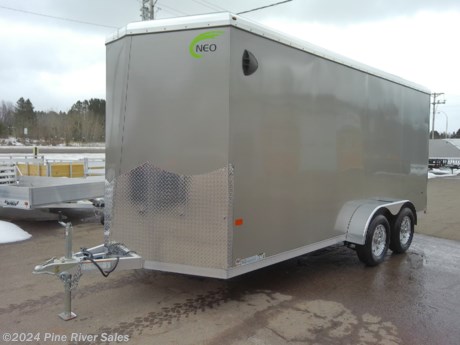 &lt;p&gt;&lt;span style=&quot;font-family: verdana, geneva, sans-serif;&quot;&gt;Neo&#39;s NAVR is an aluminum enclosed cargo trailer that has a v-nose and a rounded top. These are high quality long lasting enclosed trailers. This Neo NAVR 7x16 enclosed trailer is Pewter in color, rear ramp door with NXP latch. It comes with a 3500# torsion axles with 15&quot; aluminum wheels.&lt;/span&gt;&lt;/p&gt;
&lt;p&gt;6&quot; Extra height&lt;/p&gt;
&lt;p&gt;Ramp door, NXP, ply, spring&lt;/p&gt;
&lt;p&gt;Door, 32&quot;x74&quot;&lt;/p&gt;
&lt;p&gt;Frame, 24&quot; OC&lt;/p&gt;
&lt;p&gt;Floor, 3/4&quot; plywood&lt;/p&gt;
&lt;p&gt;Walls, 3/8&quot; ply&lt;/p&gt;
&lt;p&gt;&amp;nbsp;vent sides&lt;/p&gt;
&lt;p&gt;E-track, wall mount, surface mount&lt;/p&gt;
&lt;p&gt;Roof, 16&quot; OC&lt;/p&gt;
&lt;p&gt;36&quot; Stoneguard&lt;/p&gt;
&lt;p&gt;Tire 15&quot; 205c Radial, aluminum Spoke&amp;nbsp;&lt;/p&gt;
&lt;p&gt;Wall Assy 16&quot; OC&lt;/p&gt;
&lt;p&gt;&lt;span style=&quot;box-sizing: inherit; white-space: pre-wrap; color: #050505; font-family: &#39;Segoe UI Historic&#39;, &#39;Segoe UI&#39;, Helvetica, Arial, sans-serif; font-size: 15px;&quot;&gt;Please call or email us anytime with any questions.&lt;/span&gt;&lt;/p&gt;
&lt;p&gt;&lt;span style=&quot;color: #050505; font-family: &#39;Segoe UI Historic&#39;, &#39;Segoe UI&#39;, Helvetica, Arial, sans-serif; font-size: 15px; white-space: pre-wrap;&quot;&gt;Thank You &lt;/span&gt;&lt;/p&gt;
&lt;p&gt;&lt;span style=&quot;box-sizing: inherit; white-space: pre-wrap; color: #050505; font-family: &#39;Segoe UI Historic&#39;, &#39;Segoe UI&#39;, Helvetica, Arial, sans-serif; font-size: 15px;&quot;&gt;Pine River Sales &lt;/span&gt;&lt;/p&gt;
&lt;p&gt;&lt;span style=&quot;box-sizing: inherit; white-space: pre-wrap; color: #050505; font-family: &#39;Segoe UI Historic&#39;, &#39;Segoe UI&#39;, Helvetica, Arial, sans-serif; font-size: 15px;&quot;&gt;218-879-8865 &lt;/span&gt;&lt;/p&gt;
&lt;p&gt;&lt;span style=&quot;box-sizing: inherit; white-space: pre-wrap; color: #050505; font-family: &#39;Segoe UI Historic&#39;, &#39;Segoe UI&#39;, Helvetica, Arial, sans-serif; font-size: 15px;&quot;&gt;pineriversales@msn.com &lt;/span&gt;&lt;/p&gt;
&lt;p&gt;&amp;nbsp;&lt;/p&gt;
