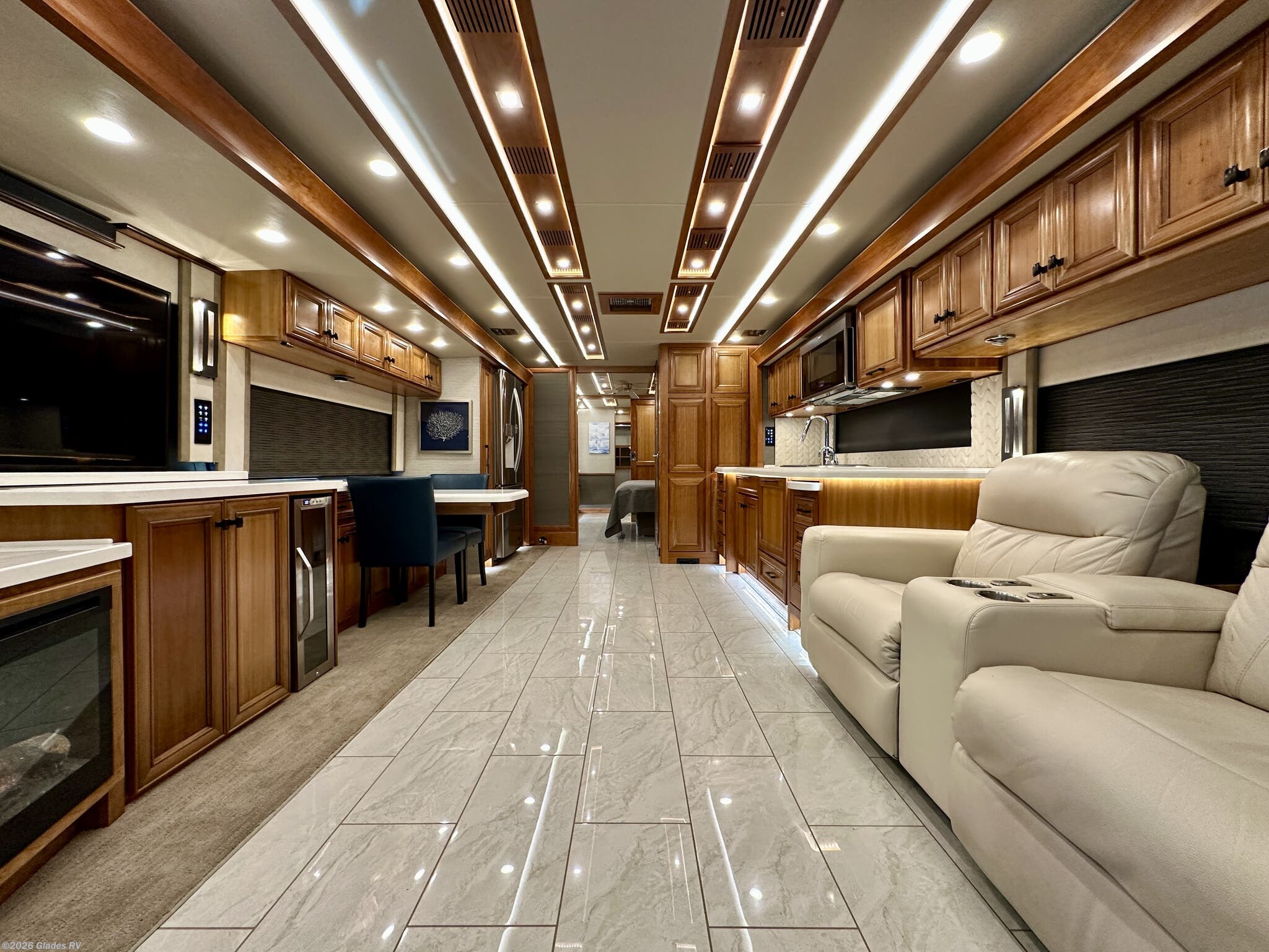 2021 Tiffin Allegro Bus 45 OPP - Used Diesel Pusher For Sale by Glades RV in Fort Myers, Florida features Pantry, Residential Refrigerator, Televator TV, Glass Shower Door, Dishwasher