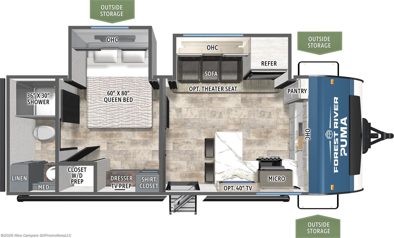 2026 Forest River Puma 220FK - New Travel Trailer For Sale by Nice Campers in Russellville, Arkansas features Air Conditioning, Microwave, Water Heater, Refrigerator, Stove Top Burner