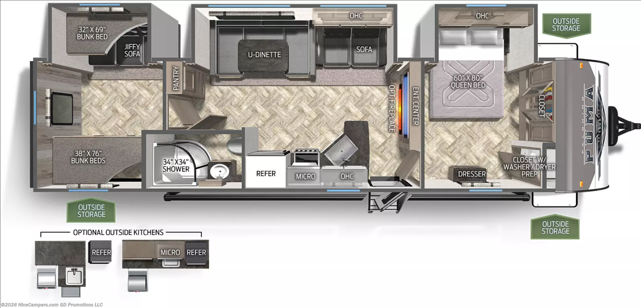 2023 Forest River Puma 32RBFQ - New Travel Trailer For Sale by NiceCampers.com in Russellville, Arkansas features Hitch, Fire Extinguisher, Furnace, Sound Bar, Stove