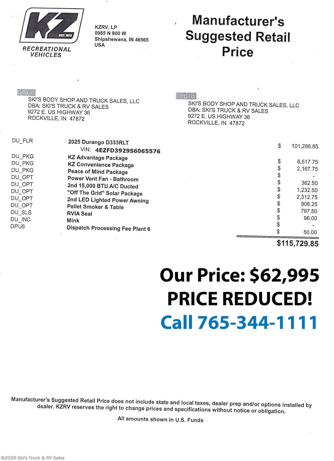 New 2025 K-Z Durango D333RLT available in Rockville, Indiana