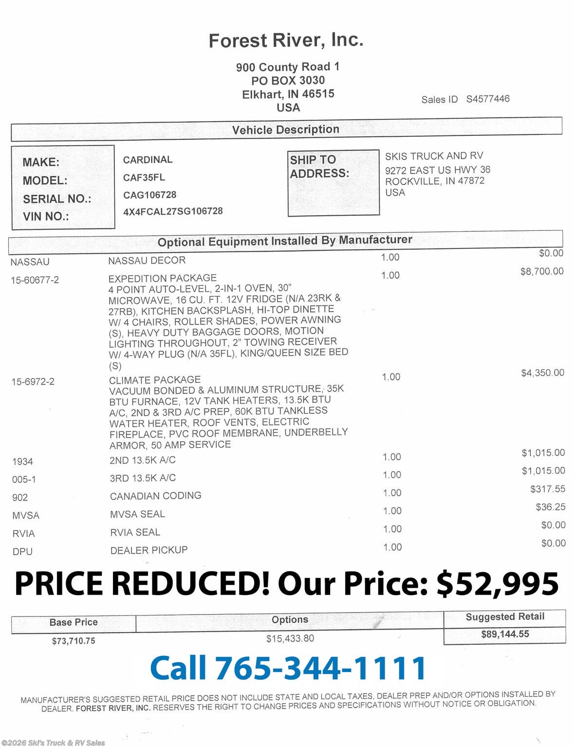 New 2025 Forest River Cardinal 35FL available in Rockville, Indiana