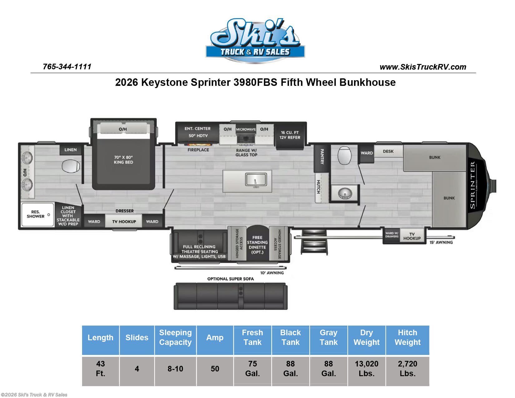 2026 Sprinter 3980FBS by Keystone from Ski's Truck & RV Sales in Rockville, Indiana