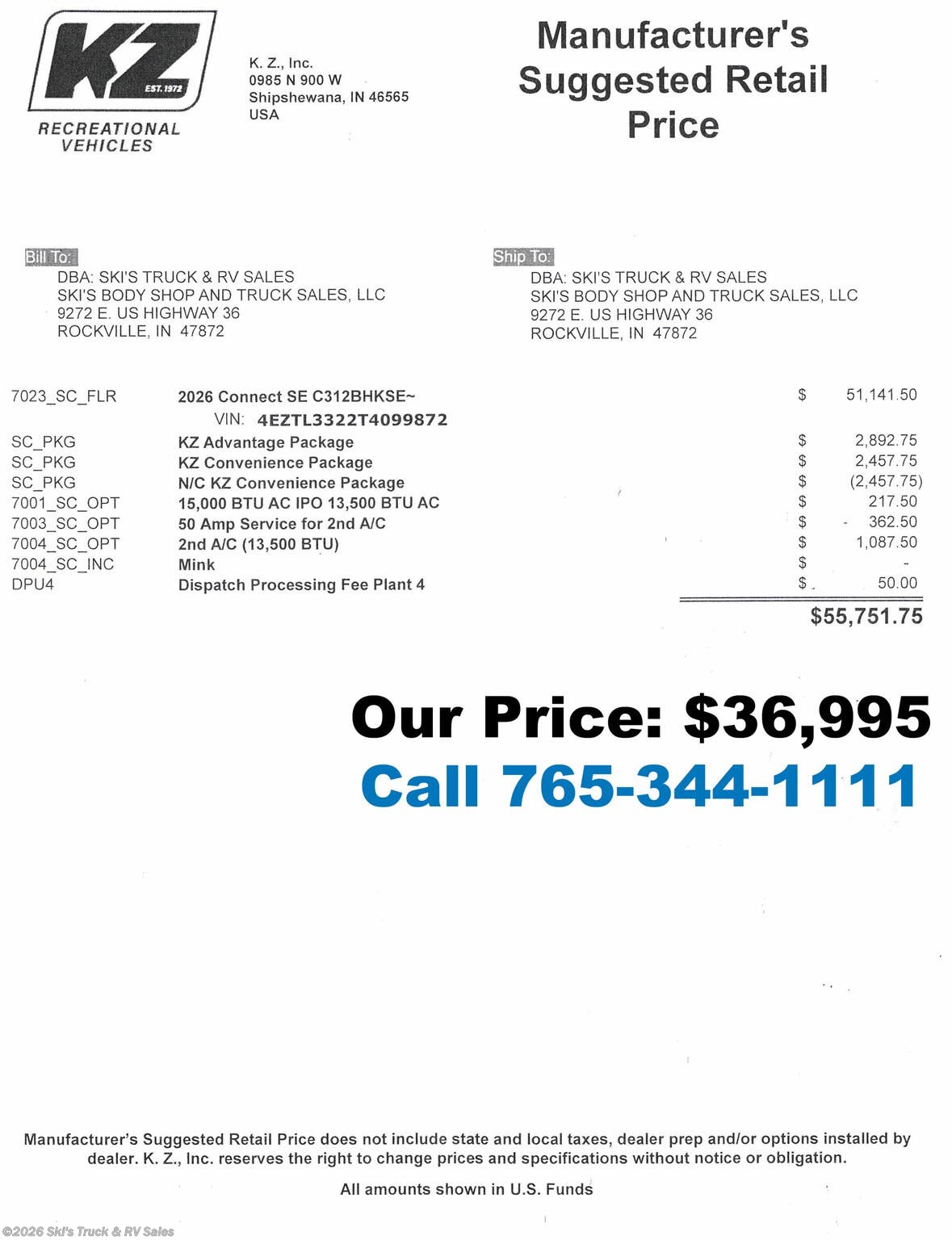 New 2026 K-Z Connect SE C312BHKSE available in Rockville, Indiana