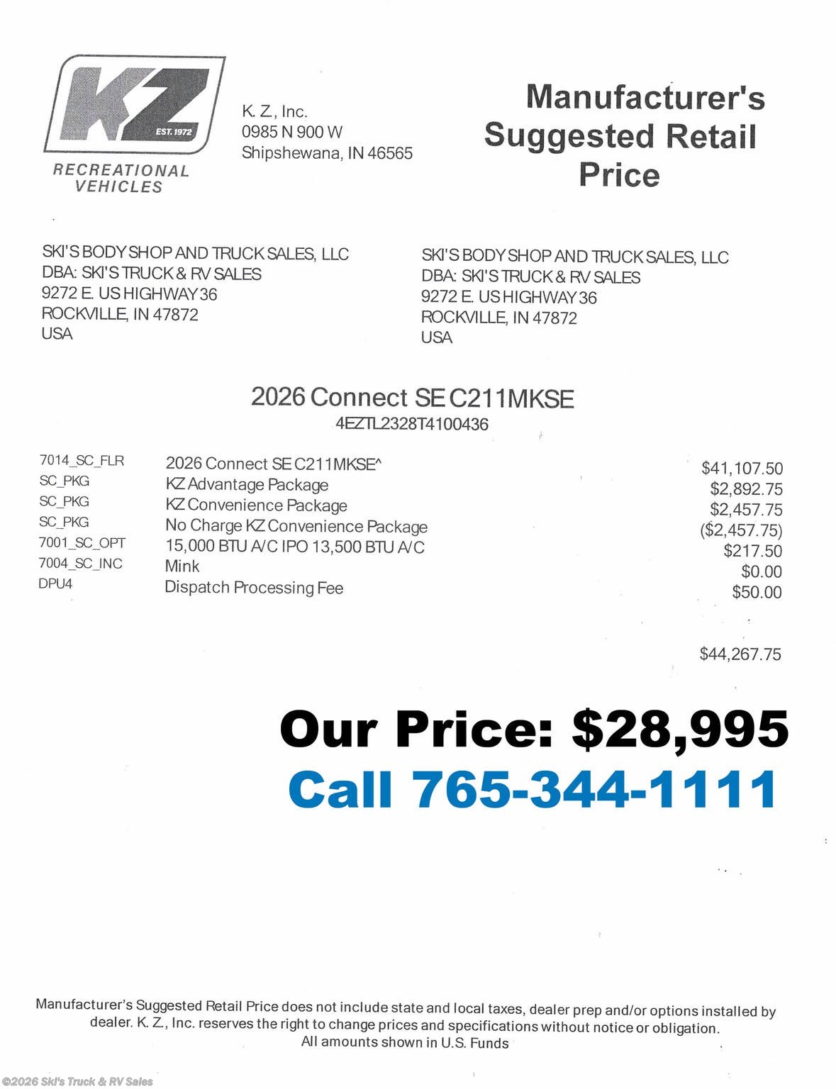 New 2026 K-Z Connect SE C211MKSE available in Rockville, Indiana