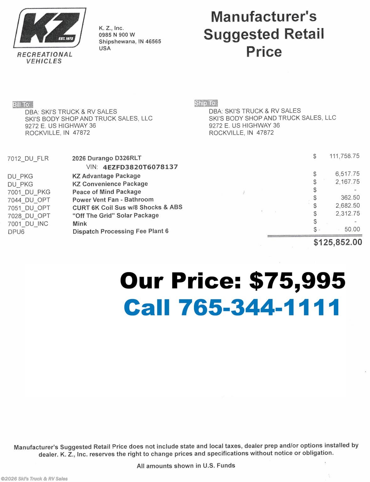 New 2026 K-Z Durango D326RLT available in Rockville, Indiana