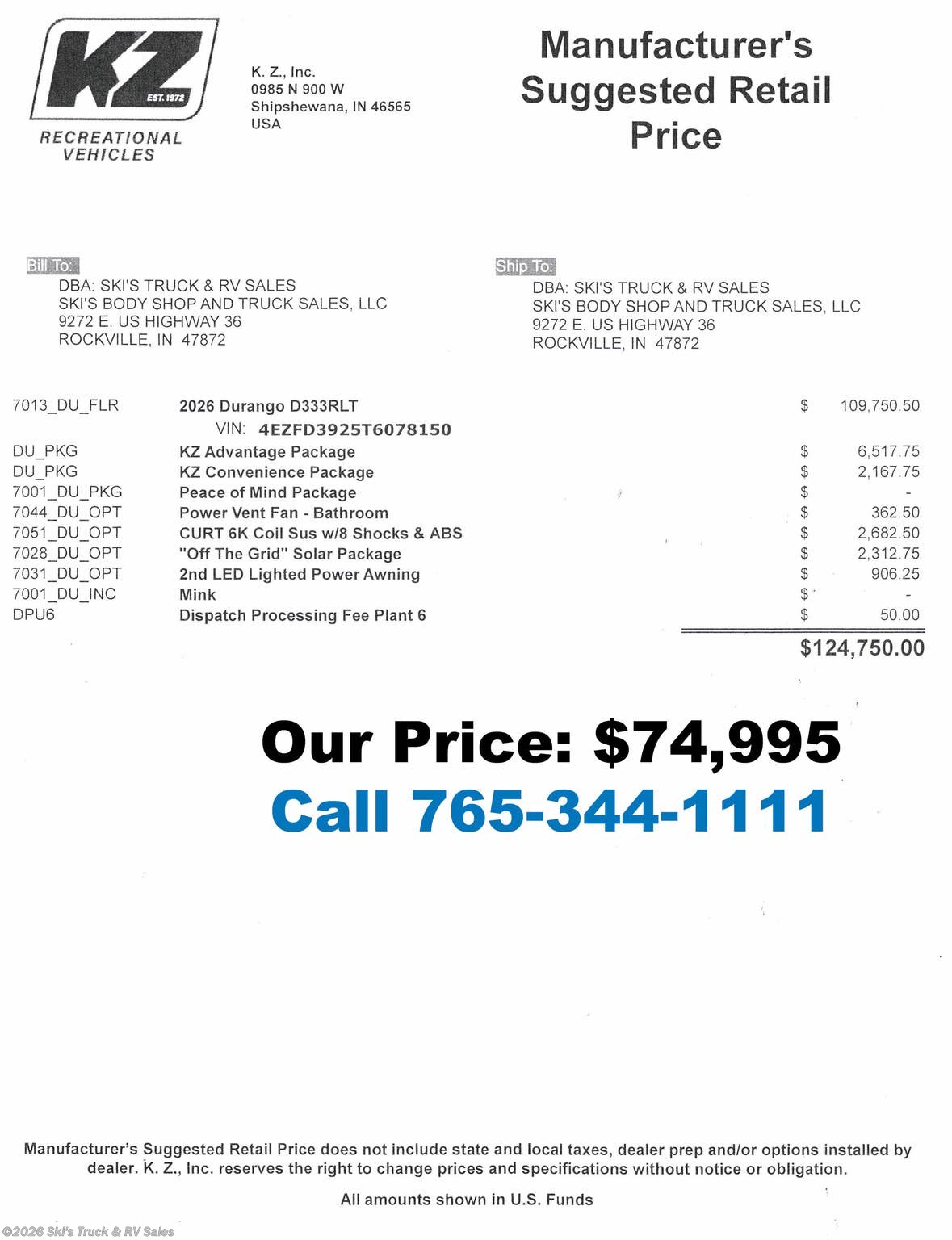 New 2026 K-Z Durango D333RLT available in Rockville, Indiana