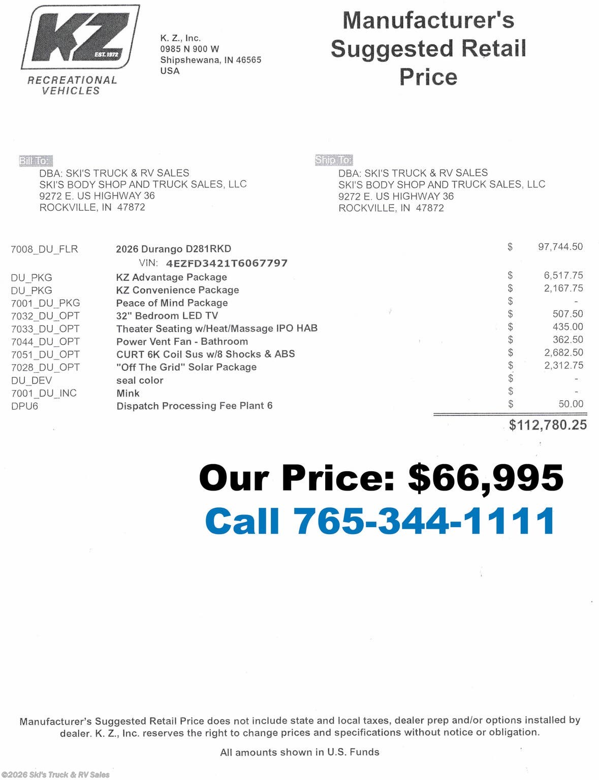 New 2026 K-Z Durango D281RKD available in Rockville, Indiana