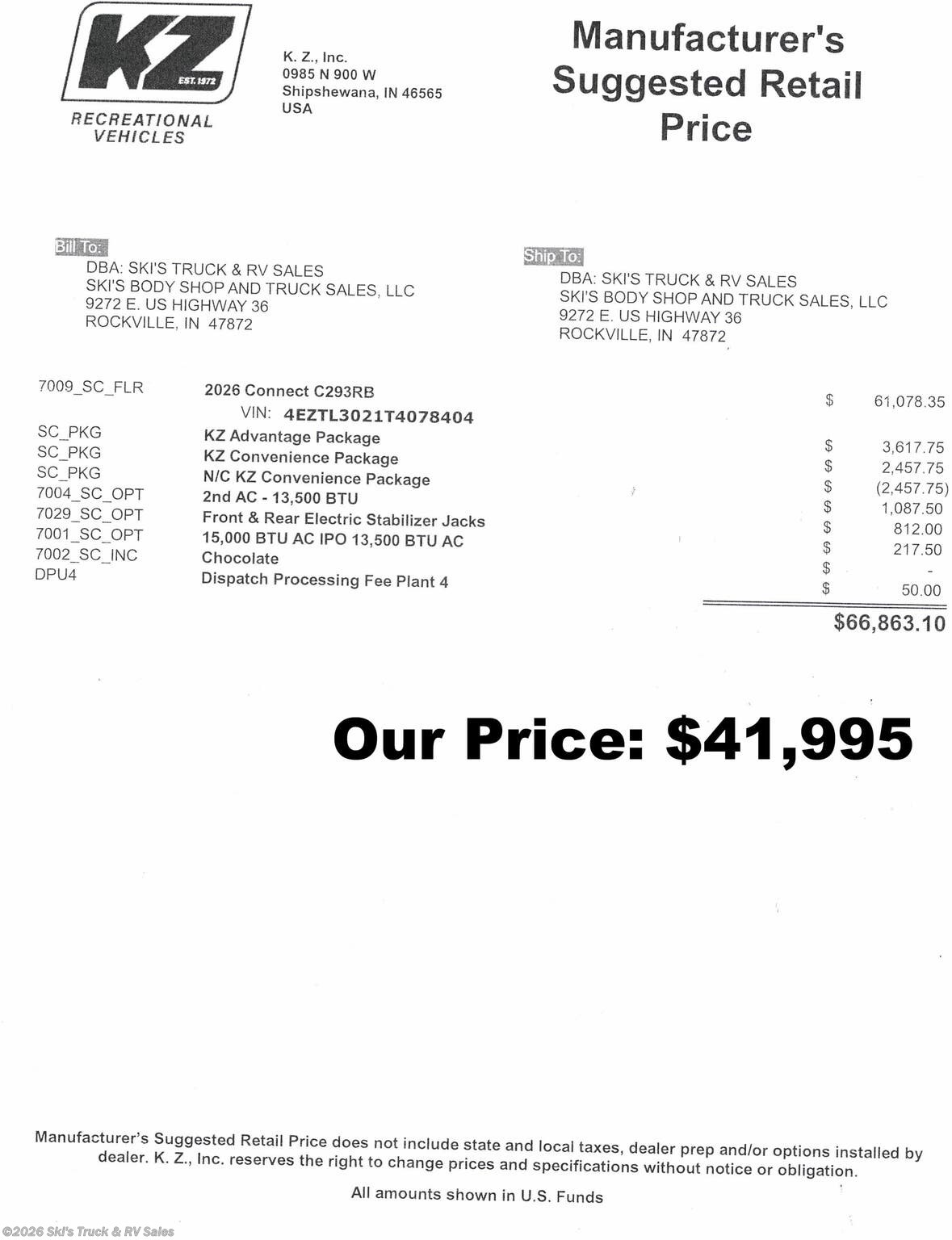 New 2026 K-Z Connect C293RB available in Rockville, Indiana