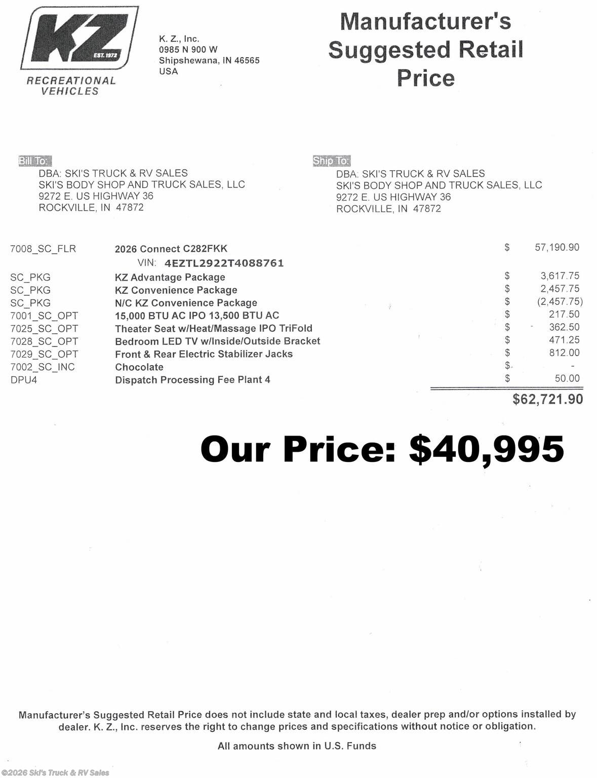 New 2026 K-Z Connect C282FKK available in Rockville, Indiana