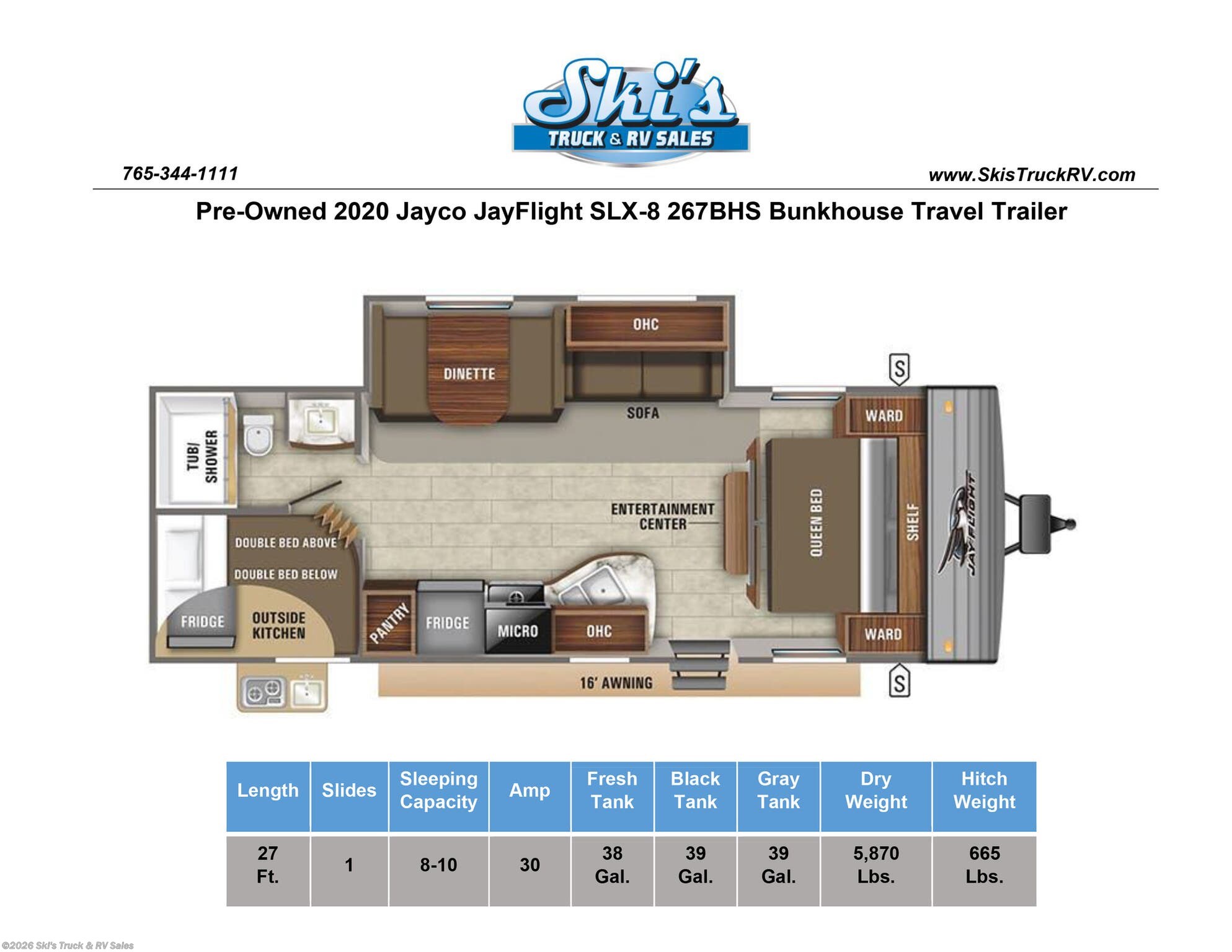 2020 JayFlight SLX-8 267BHS by Jayco from Ski's Truck & RV Sales in Rockville, Indiana