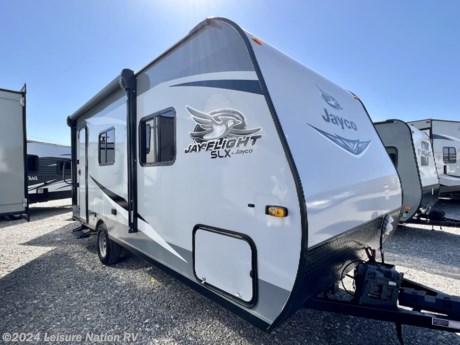 &lt;p&gt;2021 Jayco Jay Flight SLX 7&lt;/p&gt;
&lt;p&gt;STANDARD EXTERIOR EQUIPMENT Axles with electric, self-adjusting brakes and E-Z Lube&amp;reg; hubs Cambered, steel box tube frame Fully-integrated A-frame Magnum Truss&amp;trade; Roof System with seamless DiFlex II material Large exterior downspouts Front window 30-amp service 20 lb. propane bottle Exterior cable TV hookup LED exterior lighting G20 dark tinted safety-glass privacy windows Rooftop solar prep STANDARD INTERIOR EQUIPMENT Solid hardwood cabinet doors LED interior lighting Wall-mounted 8,000-BTU A/C Vinyl flooring Residential-grade carpet (select models) Premium multimedia sound system with MP3/iPod input jacks and Bluetooth&amp;reg; connectivity Digital TV antenna Wardrobe/pantry storage Plastic sink Seamless solid-surface look kitchen countertops Brushed nickel faucets Heavy duty, 75 lb., full-extension, steel ball-bearing drawer guides Residential-height plywood bed platforms Queen Serta&amp;reg; mattress (select models) 300 lb. rated bunk beds (select models) 4 in. thick bunk mats (select models) Marine-grade toilet with foot flush Shower curtain with curved shower track (select models) Wood-trimmed mirror in bathroom CUSTOMER VALUE PACKAGE (MANDATORY) Goodyear&amp;reg; Endurance&amp;reg; tires (made in the USA) 6 gal. gas/ electric DSI water heater Water heater bypass Front diamond plate Power awning with LED lights &amp;amp; speakers Stabilizer jacks with sand pads (2) Spare tire with cover Keyed-Alike&amp;trade; entry and baggage doors JaySMART&amp;trade; (Safety Markers And Reverse Travel) LED lighting (patent-pending) Large folding entry door grab handle Pleated window shades Range hood 2-burner range 3 cu. ft. refrigerator with temperature controls Microwave oven Bedspread (N/A 145RB &amp;amp; 154BH) Bathroom skylight OPTIONS Customer Value Package (mandatory) 13,500-BTU, roof-mounted A/C Fiberglass sidewalls&lt;/p&gt;
&lt;p&gt;Disclaimer: Leisure Nation RV is not responsible for any misprints, typos, or errors found in our website pages. Any price listed excludes tax, registration, tags, documentation fees, dealer prep charges, added parts, and freight/delivery fees. Manufacturer pictures, specifications, and features may be used in place of actual units on our lot. Please Contact Us for availability as our inventory changes rapidly. All calculated payments are an estimate only and do not constitute a commitment that financing, or a specific interest rate or term is available.&lt;/p&gt;
