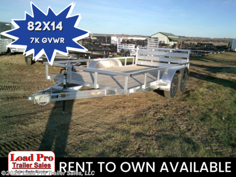 &lt;p&gt;&lt;span style=&quot;color: #363636; font-family: Hind, sans-serif; font-size: 18.88px;&quot;&gt;We offer RENT TO OWN and also offer Traditional Financing with approved credit !! This Trailer is for sale at Load Pro Trailer Sales in Clarinda Iowa.&amp;nbsp;&lt;/span&gt;&lt;/p&gt;
&lt;p&gt;&lt;strong&gt;New 82x14 Aluminum Rail Side Utility Trailer, 7K&lt;/strong&gt;&lt;/p&gt;
&lt;ul&gt;
&lt;li&gt;3&quot; x 2&quot; Aluminum Angle Extrusion Frame&lt;/li&gt;
&lt;li&gt;3&quot; Aluminum Channel Crossmembers&lt;/li&gt;
&lt;li&gt;5&quot; Aluminum Triple Tube Tongue&lt;/li&gt;
&lt;li&gt;2&quot; x 1-1/2&quot; Aluminum Extrusion Tube Uprights&lt;/li&gt;
&lt;li&gt;2&quot; x 2&quot; Aluminum Tube Top Rail&lt;/li&gt;
&lt;li&gt;2-5/16&quot; A-Frame Posi-Lock Coupler&lt;/li&gt;
&lt;li&gt;Dual Safety Chains and Hooks&lt;/li&gt;
&lt;li&gt;7-Way RV-Style Plug&lt;/li&gt;
&lt;li&gt;Sealed Wiring Harness&lt;/li&gt;
&lt;li&gt;2K Rated Set-Back Jack with Foot&lt;/li&gt;
&lt;li&gt;54&quot; Aluminum Bi-Fold Gate&lt;/li&gt;
&lt;li&gt;Aluminum Teardrop Fenders with Backs&lt;/li&gt;
&lt;li&gt;Tandem Spring Brake Suspension, 7000 lb.&amp;nbsp;GVWR&lt;/li&gt;
&lt;li&gt;Easy Lube Hubs&lt;/li&gt;
&lt;li&gt;ST205/75R15 &#39;C&#39; Tires&lt;/li&gt;
&lt;li&gt;15&quot; Aluminum Wheels&lt;/li&gt;
&lt;li&gt;2x8 Pressure Treated Pine Decking&lt;/li&gt;
&lt;li&gt;Front &amp;amp; Rear End Board Caps&lt;/li&gt;
&lt;li&gt;Aluminum Stake Pockets&lt;/li&gt;
&lt;li&gt;Full LED, DOT Compliant Lighting&lt;/li&gt;
&lt;li&gt;Limited 3-Year Warranty&lt;/li&gt;
&lt;/ul&gt;
&lt;p&gt;All prices are cash or Finance. &amp;nbsp;We offer financing through Sheffield Financial with approved credit on new trailers . We are a Licensed dealer for Load Trail, H&amp;amp;H, Cross Enclosed Cargo Trailers, CargoMate, Alcom, and M&amp;amp;W Welding trailers.&lt;/p&gt;
&lt;p&gt;We carry enclosed cargo trailers, Low pro trailers, Utility Trailer, dump trailer, Bobcat trailer, car trailer, ATV Trailers, UTV Trailers, tilt bed equipment trailers, Hydraulic dovetail trailers, Implement trailers, Car Haulers, skid loader trailer, I beam Gooseneck Trailer, Gooseneck Trailer, scissor lift trailers, slingshot trailer, farm trailers, landscape trailer, forklift trailers, Spring loaded gate trailers, Aluminum trailer, Enclosed Car Trailers, Deck over Trailers, SXS Trailer, motorcycle trailers, Race trailers, lawncare trailer, Pipe top Trailer, seed trailers, Box Trailer, tool trailers, Hay Trailers, Fuel Trailer, Self Unloading Hay Trailer, Used trailer for sale, Construction trailers, Craft Trailers, Trailer to haul my golf cart, Jeep Trailers, Aluminum cargo trailers, and Buggy Haulers. We are centrally located between Kansas City - MO - Omaha, NE and Des Moines, IA. We are close to Atlantic, IA - Red Oak, IA - Shenandoah, IA - Bradyville, IA - Maryville, MO - St Joseph, MO - Rockport, MO. We carry a large selection of parts to fit all makes and models of trailer and have a full service shop to repair all makes and models of trailers.&amp;nbsp;&lt;/p&gt;