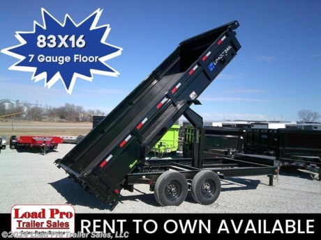 &lt;p&gt;&lt;span style=&quot;color: #363636; font-family: Hind, sans-serif; font-size: 16px;&quot;&gt;We offer RENT TO OWN and also offer Traditional Financing with approved credit!! This Trailer is for sale at Load Pro Trailer Sales in Clarinda Iowa.&lt;/span&gt;&lt;/p&gt;
&lt;p&gt;&lt;span style=&quot;color: #363636; font-family: Hind, sans-serif; font-size: 16px;&quot;&gt;83&quot; x 16&#39; Tandem Axle Dump Low-Pro Dump&lt;br&gt;&lt;/span&gt;&lt;/p&gt;
&lt;ul class=&quot;m-t-sm&quot;&gt;
&lt;li&gt;8&quot; x 13 lb. I-Beam Frame&lt;/li&gt;
&lt;li&gt;2 - 7,000 Lb Dexter Spring Axles (&amp;nbsp; Elec FSA Brakes on both axles)&lt;/li&gt;
&lt;li&gt;ST235/80 R16 LRE 10 Ply.&amp;nbsp;&lt;/li&gt;
&lt;li&gt;Coupler 2-5/16&quot; Adjustable (6 HOLE)&lt;/li&gt;
&lt;li&gt;Diamond Plate Fenders (weld-on)&lt;/li&gt;
&lt;li&gt;16&quot; Cross-Members&lt;/li&gt;
&lt;li&gt;24&quot; Dump Sides w/24&quot; 2 Way Gate (7 Gauge Floor)&lt;/li&gt;
&lt;li&gt;REAR Slide-IN Ramps 80&quot; x 16&quot;&lt;/li&gt;
&lt;li&gt;Jack Spring Loaded Drop Leg 1-10K&lt;/li&gt;
&lt;li&gt;Lights LED (w/Cold Weather Harness)&lt;/li&gt;
&lt;li&gt;4 - D-Rings 3&quot; Weld On&lt;/li&gt;
&lt;li&gt;Front Tongue Mount (MAX-Box w/Divider)&lt;/li&gt;
&lt;li&gt;Scissor Hoist w/Standard Pump&lt;/li&gt;
&lt;li&gt;Standard Battery Wall Charger (5 Amp)&lt;/li&gt;
&lt;li&gt;Tarp Kit Front Mount&lt;/li&gt;
&lt;li&gt;Rear Support Stands (2&quot; x 2&quot; Tubing)&lt;/li&gt;
&lt;li&gt;Spare Tire ST235/80 R16 LRE 10 Ply. 8 Hole&amp;nbsp;&amp;nbsp;&lt;/li&gt;
&lt;li&gt;Spare Tire Mount&lt;/li&gt;
&lt;li&gt;Black (w/Primer)&lt;/li&gt;
&lt;/ul&gt;
&lt;p&gt;All prices are cash or Finance. &amp;nbsp;We offer financing through Sheffield Financial with approved credit on new trailers . We are a Licensed dealer for Load Trail, H&amp;amp;H, Cross Enclosed Cargo Trailers, CargoMate, Alcom, and M&amp;amp;W Welding trailers.&lt;/p&gt;
&lt;p&gt;We carry enclosed cargo trailers, Low pro trailers, Utility Trailer, dump trailer, Bobcat trailer, car trailer, ATV Trailers, UTV Trailers, tilt bed equipment trailers, Hydraulic dovetail trailers, Implement trailers, Car Haulers, skid loader trailer, I beam Gooseneck Trailer, Gooseneck Trailer, scissor lift trailers, slingshot trailer, farm trailers, landscape trailer, forklift trailers, Spring loaded gate trailers, Aluminum trailer, Enclosed Car Trailers, Deck over Trailers, SXS Trailer, motorcycle trailers, Race trailers, lawncare trailer, Pipe top Trailer, seed trailers, Box Trailer, tool trailers, Hay Trailers, Fuel Trailer, Self Unloading Hay Trailer, Used trailer for sale, Construction trailers, Craft Trailers, Trailer to haul my golf cart, Jeep Trailers, Aluminum cargo trailers, and Buggy Haulers. We are centrally located between Kansas City - MO - Omaha, NE and Des Moines, IA. We are close to Atlantic, IA - Red Oak, IA - Shenandoah, IA - Bradyville, IA - Maryville, MO - St Joseph, MO - Rockport, MO. We carry a large selection of parts to fit all makes and models of trailer and have a full service shop to repair all makes and models of trailers.&amp;nbsp;&lt;/p&gt;