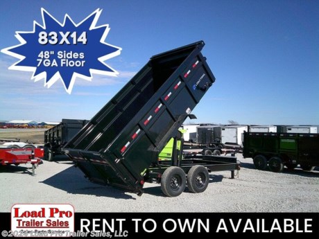 &lt;p&gt;&lt;span style=&quot;color: #363636; font-family: Hind, sans-serif; font-size: 16px;&quot;&gt;We offer RENT TO OWN and also offer Traditional Financing with approved credit!! This Trailer is for sale at Load Pro Trailer Sales in Clarinda Iowa.&lt;/span&gt;&lt;/p&gt;
&lt;p&gt;&lt;span style=&quot;color: #363636; font-family: Hind, sans-serif; font-size: 16px;&quot;&gt;83&quot; x 14&#39; Tandem Axle Dump Low-Pro Dump&lt;br&gt;&lt;/span&gt;&lt;/p&gt;
&lt;ul class=&quot;m-t-sm&quot;&gt;
&lt;li&gt;8&quot; x 13 lb. I-Beam Frame&lt;/li&gt;
&lt;li&gt;2 - 7,000 Lb Dexter Spring Axles (&amp;nbsp; Elec FSA Brakes on both)&lt;/li&gt;
&lt;li&gt;ST235/80 R16 LRE 10 Ply.&amp;nbsp;&amp;nbsp;&lt;/li&gt;
&lt;li&gt;Coupler 2-5/16&quot; Adjustable (6 HOLE)&lt;/li&gt;
&lt;li&gt;Diamond Plate Fenders (weld-on)&lt;/li&gt;
&lt;li&gt;16&quot; Cross-Members&lt;/li&gt;
&lt;li&gt;48&quot; Dump Sides w/48&quot; 2 Way Gate (7 Gauge Floor)&lt;/li&gt;
&lt;li&gt;REAR Slide-IN Ramps 80&quot; x 16&quot;&lt;/li&gt;
&lt;li&gt;Jack Spring Loaded Drop Leg 1-10K&lt;/li&gt;
&lt;li&gt;Lights LED (w/Cold Weather Harness)&lt;/li&gt;
&lt;li&gt;4 - D-Rings 4&quot; Weld On&lt;/li&gt;
&lt;li&gt;Front Tongue Mount (MAX-Box w/Divider)&lt;/li&gt;
&lt;li&gt;Scissor Hoist w/Standard Pump&lt;/li&gt;
&lt;li&gt;Standard Battery Wall Charger (5 Amp)&lt;/li&gt;
&lt;li&gt;Tarp Kit Front Mount&lt;/li&gt;
&lt;li&gt;Rear Support Stands (2&quot; x 2&quot; Tubing)&lt;/li&gt;
&lt;li&gt;1 - MAX-STEP (30&quot;)&lt;/li&gt;
&lt;li&gt;Spare Tire Mount&lt;/li&gt;
&lt;li&gt;Black (w/Primer)&lt;/li&gt;
&lt;/ul&gt;
&lt;p&gt;All prices are cash or Finance. &amp;nbsp;We offer financing through Sheffield Financial with approved credit on new trailers . We are a Licensed dealer for Load Trail, H&amp;amp;H, Cross Enclosed Cargo Trailers, CargoMate, Alcom, and M&amp;amp;W Welding trailers.&lt;/p&gt;
&lt;p&gt;We carry enclosed cargo trailers, Low pro trailers, Utility Trailer, dump trailer, Bobcat trailer, car trailer, ATV Trailers, UTV Trailers, tilt bed equipment trailers, Hydraulic dovetail trailers, Implement trailers, Car Haulers, skid loader trailer, I beam Gooseneck Trailer, Gooseneck Trailer, scissor lift trailers, slingshot trailer, farm trailers, landscape trailer, forklift trailers, Spring loaded gate trailers, Aluminum trailer, Enclosed Car Trailers, Deck over Trailers, SXS Trailer, motorcycle trailers, Race trailers, lawncare trailer, Pipe top Trailer, seed trailers, Box Trailer, tool trailers, Hay Trailers, Fuel Trailer, Self Unloading Hay Trailer, Used trailer for sale, Construction trailers, Craft Trailers, Trailer to haul my golf cart, Jeep Trailers, Aluminum cargo trailers, and Buggy Haulers. We are centrally located between Kansas City - MO - Omaha, NE and Des Moines, IA. We are close to Atlantic, IA - Red Oak, IA - Shenandoah, IA - Bradyville, IA - Maryville, MO - St Joseph, MO - Rockport, MO. We carry a large selection of parts to fit all makes and models of trailer and have a full service shop to repair all makes and models of trailers.&lt;/p&gt;