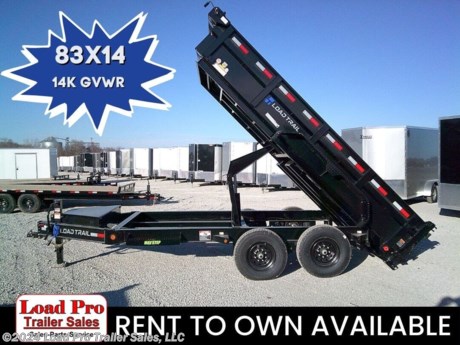 &lt;p&gt;&lt;span style=&quot;box-sizing: inherit; color: #363636; font-size: 16px;&quot;&gt;We offer RENT TO OWN and also offer Traditional Financing with approved credit!! This Trailer is for sale at Load Pro Trailer Sales in Clarinda Iowa.&amp;nbsp;&lt;/span&gt;&lt;/p&gt;
&lt;p&gt;&lt;span style=&quot;box-sizing: inherit; color: #363636; font-size: 16px;&quot;&gt;83&quot; x 14&#39; Tandem Axle Dump Low-Pro Dump&lt;br /&gt;&lt;/span&gt;&lt;/p&gt;
&lt;ul class=&quot;m-t-sm&quot;&gt;
&lt;li&gt;8&quot; x 13 lb. I-Beam Frame&lt;/li&gt;
&lt;li&gt;2 - 7,000 Lb Dexter Spring Axles ( Elec FSA Brakes on both axles)&lt;/li&gt;
&lt;li&gt;ST235/80 R16 LRE 10 Ply.&amp;nbsp;&lt;/li&gt;
&lt;li&gt;Coupler 2-5/16&quot; Adjustable (6 HOLE)&lt;/li&gt;
&lt;li&gt;Diamond Plate Fenders (weld-on)&lt;/li&gt;
&lt;li&gt;16&quot; Cross-Members&lt;/li&gt;
&lt;li&gt;24&quot; Dump Sides w/24&quot; 2 Way Gate (10 Gauge Floor)&lt;/li&gt;
&lt;li&gt;REAR Slide-IN Ramps 80&quot; x 16&quot;&lt;/li&gt;
&lt;li&gt;Jack Spring Loaded Drop Leg 1-10K&lt;/li&gt;
&lt;li&gt;Lights LED (w/Cold Weather Harness)&lt;/li&gt;
&lt;li&gt;4 - D-Rings 4&quot; Weld On&lt;/li&gt;
&lt;li&gt;Front Tongue Mount (MAX-Box w/Divider)&lt;/li&gt;
&lt;li&gt;Scissor Hoist w/Standard Pump&lt;/li&gt;
&lt;li&gt;Standard Battery Wall Charger (5 Amp)&lt;/li&gt;
&lt;li&gt;Tarp Kit Front Mount&lt;/li&gt;
&lt;li&gt;Rear Support Stands (2&quot; x 2&quot; Tubing)&lt;/li&gt;
&lt;li&gt;1 - MAX-STEP (30&quot;)&lt;/li&gt;
&lt;li&gt;Spare Tire Mount&lt;/li&gt;
&lt;li&gt;Black (w/Primer)&lt;/li&gt;
&lt;/ul&gt;
&lt;ul style=&quot;list-style: none;&quot;&gt;
&lt;li&gt;
&lt;p&gt;All prices are cash or Finance. &amp;nbsp;We offer financing through Sheffield Financial with approved credit on new trailers . We are a Licensed dealer for Load Trail, H&amp;amp;H, Cross Enclosed Cargo Trailers, CargoMate, Alcom, and M&amp;amp;W Welding trailers.&lt;/p&gt;
&lt;p&gt;We carry enclosed cargo trailers, Low pro trailers, Utility Trailer, dump trailer, Bobcat trailer, car trailer, ATV Trailers, UTV Trailers, tilt bed equipment trailers, Hydraulic dovetail trailers, Implement trailers, Car Haulers, skid loader trailer, I beam Gooseneck Trailer, Gooseneck Trailer, scissor lift trailers, slingshot trailer, farm trailers, landscape trailer, forklift trailers, Spring loaded gate trailers, Aluminum trailer, Enclosed Car Trailers, Deck over Trailers, SXS Trailer, motorcycle trailers, Race trailers, lawncare trailer, Pipe top Trailer, seed trailers, Box Trailer, tool trailers, Hay Trailers, Fuel Trailer, Self Unloading Hay Trailer, Used trailer for sale, Construction trailers, Craft Trailers, Trailer to haul my golf cart, Jeep Trailers, Aluminum cargo trailers, and Buggy Haulers. We are centrally located between Kansas City - MO - Omaha, NE and Des Moines, IA. We are close to Atlantic, IA - Red Oak, IA - Shenandoah, IA - Bradyville, IA - Maryville, MO - St Joseph, MO - Rockport, MO. We carry a large selection of parts to fit all makes and models of trailer and have a full service shop to repair all makes and models of trailers.&lt;/p&gt;
&lt;/li&gt;
&lt;/ul&gt;