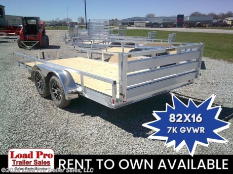 &lt;p&gt;&lt;span style=&quot;color: #363636; font-family: Hind, sans-serif; font-size: 18.88px;&quot;&gt;We offer RENT TO OWN and also offer Traditional Financing with approved credit !! This Trailer is for sale at Load Pro Trailer Sales in Clarinda Iowa.&amp;nbsp;&lt;/span&gt;&lt;/p&gt;
&lt;p&gt;&lt;strong&gt;New 82x16 Aluminum Rail Side Utility Trailer, 7K&lt;/strong&gt;&lt;/p&gt;
&lt;ul&gt;
&lt;li&gt;3&quot; x 2&quot; Aluminum Angle Extrusion Frame&lt;/li&gt;
&lt;li&gt;3&quot; Aluminum Channel Crossmembers&lt;/li&gt;
&lt;li&gt;5&quot; Aluminum Triple Tube Tongue&lt;/li&gt;
&lt;li&gt;2&quot; x 1-1/2&quot; Aluminum Extrusion Tube Uprights&lt;/li&gt;
&lt;li&gt;2&quot; x 2&quot; Aluminum Tube Top Rail&lt;/li&gt;
&lt;li&gt;2-5/16&quot; A-Frame Posi-Lock Coupler&lt;/li&gt;
&lt;li&gt;Dual Safety Chains and Hooks&lt;/li&gt;
&lt;li&gt;7-Way RV-Style Plug&lt;/li&gt;
&lt;li&gt;Sealed Wiring Harness&lt;/li&gt;
&lt;li&gt;2K Rated Set-Back Jack with Foot&lt;/li&gt;
&lt;li&gt;54&quot; Aluminum Bi-Fold Gate&lt;/li&gt;
&lt;li&gt;Aluminum Teardrop Fenders with Backs&lt;/li&gt;
&lt;li&gt;Tandem Spring Brake Suspension, 7000 lb.&amp;nbsp;GVWR&lt;/li&gt;
&lt;li&gt;Easy Lube Hubs&lt;/li&gt;
&lt;li&gt;ST205/75R15 &#39;C&#39; Tires&lt;/li&gt;
&lt;li&gt;15&quot; Aluminum Wheels&lt;/li&gt;
&lt;li&gt;2x8 Pressure Treated Pine Decking&lt;/li&gt;
&lt;li&gt;Front &amp;amp; Rear End Board Caps&lt;/li&gt;
&lt;li&gt;Aluminum Stake Pockets&lt;/li&gt;
&lt;li&gt;Full LED, DOT Compliant Lighting&lt;/li&gt;
&lt;li&gt;Limited 3-Year Warranty&lt;/li&gt;
&lt;/ul&gt;
&lt;p&gt;All prices are cash or Finance. &amp;nbsp;We offer financing through Sheffield Financial with approved credit on new trailers . We are a Licensed dealer for Load Trail, H&amp;amp;H, Cross Enclosed Cargo Trailers, CargoMate, Alcom, and M&amp;amp;W Welding trailers.&lt;/p&gt;
&lt;p&gt;We carry enclosed cargo trailers, Low pro trailers, Utility Trailer, dump trailer, Bobcat trailer, car trailer, ATV Trailers, UTV Trailers, tilt bed equipment trailers, Hydraulic dovetail trailers, Implement trailers, Car Haulers, skid loader trailer, I beam Gooseneck Trailer, Gooseneck Trailer, scissor lift trailers, slingshot trailer, farm trailers, landscape trailer, forklift trailers, Spring loaded gate trailers, Aluminum trailer, Enclosed Car Trailers, Deck over Trailers, SXS Trailer, motorcycle trailers, Race trailers, lawncare trailer, Pipe top Trailer, seed trailers, Box Trailer, tool trailers, Hay Trailers, Fuel Trailer, Self Unloading Hay Trailer, Used trailer for sale, Construction trailers, Craft Trailers, Trailer to haul my golf cart, Jeep Trailers, Aluminum cargo trailers, and Buggy Haulers. We are centrally located between Kansas City - MO - Omaha, NE and Des Moines, IA. We are close to Atlantic, IA - Red Oak, IA - Shenandoah, IA - Bradyville, IA - Maryville, MO - St Joseph, MO - Rockport, MO. We carry a large selection of parts to fit all makes and models of trailer and have a full service shop to repair all makes and models of trailers.&amp;nbsp;&lt;/p&gt;