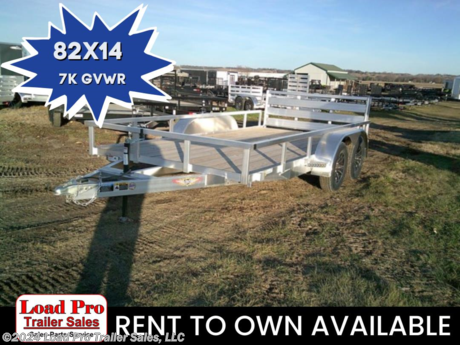 &lt;p&gt;&lt;span style=&quot;color: #363636; font-family: Hind, sans-serif; font-size: 18.88px;&quot;&gt;We offer RENT TO OWN and also offer Traditional Financing with approved credit !! This Trailer is for sale at Load Pro Trailer Sales in Clarinda Iowa.&amp;nbsp;&lt;/span&gt;&lt;/p&gt;
&lt;p&gt;&lt;strong&gt;New 82x14 Aluminum Rail Side Utility Trailer, 7K&lt;/strong&gt;&lt;/p&gt;
&lt;ul&gt;
&lt;li&gt;3&quot; x 2&quot; Aluminum Angle Extrusion Frame&lt;/li&gt;
&lt;li&gt;3&quot; Aluminum Channel Crossmembers&lt;/li&gt;
&lt;li&gt;5&quot; Aluminum Triple Tube Tongue&lt;/li&gt;
&lt;li&gt;2&quot; x 1-1/2&quot; Aluminum Extrusion Tube Uprights&lt;/li&gt;
&lt;li&gt;2&quot; x 2&quot; Aluminum Tube Top Rail&lt;/li&gt;
&lt;li&gt;2-5/16&quot; A-Frame Posi-Lock Coupler&lt;/li&gt;
&lt;li&gt;Dual Safety Chains and Hooks&lt;/li&gt;
&lt;li&gt;7-Way RV-Style Plug&lt;/li&gt;
&lt;li&gt;Sealed Wiring Harness&lt;/li&gt;
&lt;li&gt;2K Rated Set-Back Jack with Foot&lt;/li&gt;
&lt;li&gt;54&quot; Aluminum Bi-Fold Gate&lt;/li&gt;
&lt;li&gt;Aluminum Teardrop Fenders with Backs&lt;/li&gt;
&lt;li&gt;Tandem Spring Brake Suspension, 7000 lb.&amp;nbsp;GVWR&lt;/li&gt;
&lt;li&gt;Easy Lube Hubs&lt;/li&gt;
&lt;li&gt;ST205/75R15 &#39;C&#39; Tires&lt;/li&gt;
&lt;li&gt;15&quot; Aluminum Wheels&lt;/li&gt;
&lt;li&gt;2x8 Pressure Treated Pine Decking&lt;/li&gt;
&lt;li&gt;Front &amp;amp; Rear End Board Caps&lt;/li&gt;
&lt;li&gt;Aluminum Stake Pockets&lt;/li&gt;
&lt;li&gt;Full LED, DOT Compliant Lighting&lt;/li&gt;
&lt;li&gt;Limited 3-Year Warranty&lt;/li&gt;
&lt;/ul&gt;
&lt;p&gt;All prices are cash or Finance. &amp;nbsp;We offer financing through Sheffield Financial with approved credit on new trailers . We are a Licensed dealer for Load Trail, H&amp;amp;H, Cross Enclosed Cargo Trailers, CargoMate, Alcom, and M&amp;amp;W Welding trailers.&lt;/p&gt;
&lt;p&gt;We carry enclosed cargo trailers, Low pro trailers, Utility Trailer, dump trailer, Bobcat trailer, car trailer, ATV Trailers, UTV Trailers, tilt bed equipment trailers, Hydraulic dovetail trailers, Implement trailers, Car Haulers, skid loader trailer, I beam Gooseneck Trailer, Gooseneck Trailer, scissor lift trailers, slingshot trailer, farm trailers, landscape trailer, forklift trailers, Spring loaded gate trailers, Aluminum trailer, Enclosed Car Trailers, Deck over Trailers, SXS Trailer, motorcycle trailers, Race trailers, lawncare trailer, Pipe top Trailer, seed trailers, Box Trailer, tool trailers, Hay Trailers, Fuel Trailer, Self Unloading Hay Trailer, Used trailer for sale, Construction trailers, Craft Trailers, Trailer to haul my golf cart, Jeep Trailers, Aluminum cargo trailers, and Buggy Haulers. We are centrally located between Kansas City - MO - Omaha, NE and Des Moines, IA. We are close to Atlantic, IA - Red Oak, IA - Shenandoah, IA - Bradyville, IA - Maryville, MO - St Joseph, MO - Rockport, MO. We carry a large selection of parts to fit all makes and models of trailer and have a full service shop to repair all makes and models of trailers.&amp;nbsp;&lt;/p&gt;