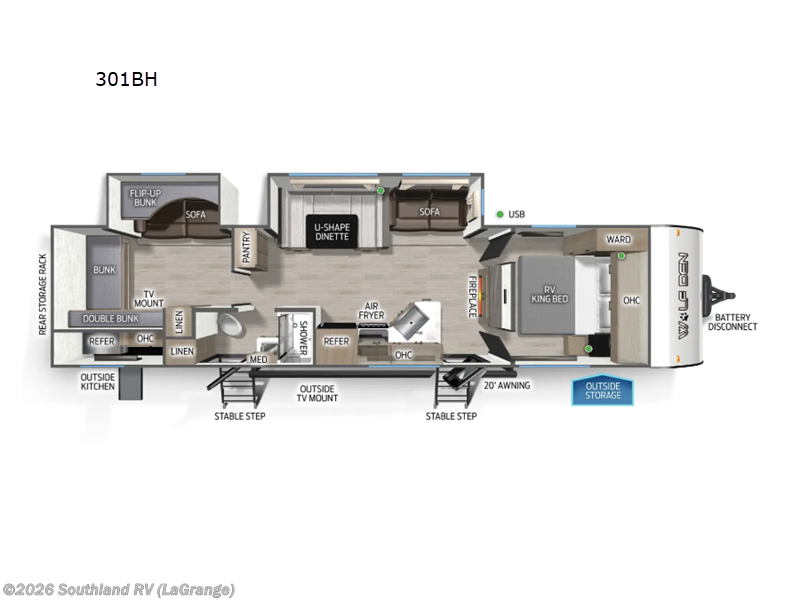 2026 Forest River Cherokee Wolf Den 301BH - New Travel Trailer For Sale by Southland RV in LaGrange, Georgia features Slideout