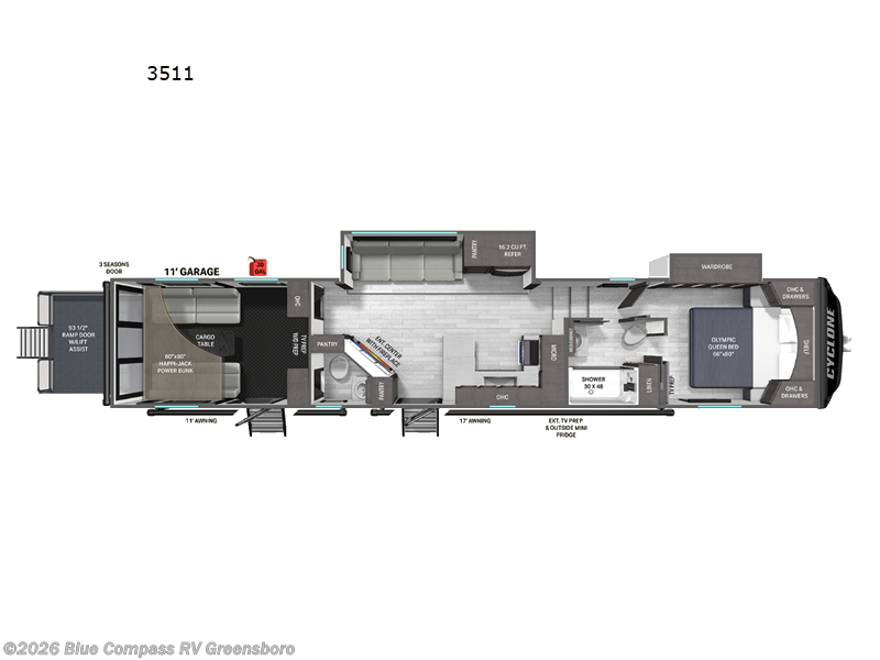2027 Heartland Cyclone 3511 - New Toy Hauler For Sale by Blue Compass RV Greensboro in Colfax, North Carolina features Slideout