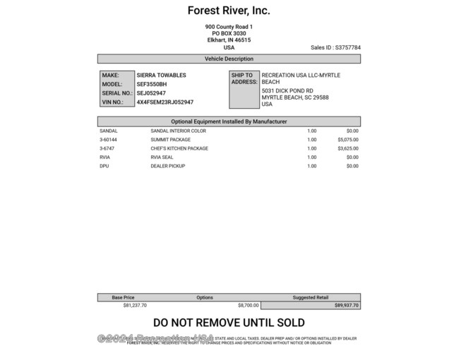 2024 Sierra 3550BH by Forest River from Recreation USA in Myrtle Beach, South Carolina