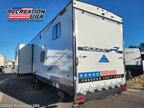 &lt;p&gt;50 amp, 2 15k ducted AC&#39;s, 17&#39; garage with loft and bunks and patio system, fifth wheel toy hauler, Folds Of Honor Edition - 2024 Forest River Vengeance Rogue SUT 357SUT - *** Price Includes Prep *** - National Shipping Available NO HIDDEN FEES&lt;/p&gt;
&lt;p&gt;Rogue SUTs are a true toy hauler product. The 102&amp;rdquo; widebody design gives you maximum storage space for all your toys. Engineered with a stronger chassis and high capacity axles to be durable and functional at an affordable price, Rogue SUT trailers and 5th wheels are ready to go wherever you want!&lt;/p&gt;
&lt;p&gt;SLATE INTERIOR DECOR&lt;/p&gt;
&lt;p&gt;PREMIUM PACKAGE&lt;/p&gt;
&lt;p&gt;ROGUE SUT PLATINUM PACKAGE&lt;/p&gt;
&lt;p&gt;ROGUE SUT READY PACKAGE&lt;/p&gt;
&lt;p&gt;FOLDS OF HONOR PACKAGE&lt;/p&gt;
&lt;p&gt;JUICE PACK W/100 WATT SOLAR PANEL&amp;nbsp;&lt;/p&gt;
&lt;p&gt;The 2024 Vengeance Rogue 357SUT is a fifth-wheel toy hauler made by Forest River RV. It&#39;s a large RV, measuring 39&#39; 11&quot; long and 8&#39; 6&quot; wide, with a dry weight of 11,433 lbs and a GVWR of 16,795 lbs. It has a 102&quot; wide body, which gives it a lot of space for both living quarters and cargo.&lt;/p&gt;
&lt;p&gt;The 357SUT can sleep up to seven people, with a king-size bed in the bedroom, a bunk bed in the garage, and a convertible sofa and dinette in the living area.&lt;/p&gt;
&lt;p&gt;The kitchen has a 12-volt, high-efficiency, 10-cubic-foot residential refrigerator, a three-burner gas stove, and a microwave.&lt;/p&gt;
&lt;p&gt;The bathroom has a foot-flush toilet and a large shower with surround.&lt;/p&gt;
&lt;p&gt;The garage has a ramp door for easy loading and unloading of motorcycles, ATVs, or other toys. It also has a 5,362-pound cargo capacity, so you can bring along all the gear you need for your adventures.&lt;/p&gt;
&lt;p&gt;The 357SUT comes with a number of standard features, including a 15,000 BTU air conditioner, a power awning, an armored underbelly tank enclosure, and forced air heat to all holding tanks. It&#39;s also pre-wired for a generator and has a solar panel option.&lt;/p&gt;
&lt;p&gt;The 2024 Vengeance Rogue 357SUT has an MSRP of $101,314.40, but you can often find it for sale at a HUGE discount right here at Recreation USA.&lt;/p&gt;
&lt;p&gt;If you&#39;re looking for a large, luxurious toy hauler that can accommodate your family and all their gear, the 357SUT is a great option.&amp;nbsp;&lt;/p&gt;
&lt;p&gt;At Recreation USA our sale prices on our campers are fair and maybe the lowest in the country. There&#39;s zero price gouging, no additional fees for freight cost, no preparation fees, no fee for instructional walk-through, no pre-delivery inspection fee, no battery charging fee or for filling the propane tanks. Total transparency is our goal and we aim to deliver the best buying experience, so your family can start creating memories today.&lt;/p&gt;
&lt;p&gt;Contact Recreation USA today for more information, to schedule a viewing, or to discuss &lt;a href=&quot;https://www.recreationusa.com/financing&quot;&gt;financing options&lt;/a&gt;.&amp;nbsp;&lt;/p&gt;
&lt;p&gt;Live the camping dream without compromise. Choose Recreation USA for quality, transparency, and unbeatable prices.&lt;/p&gt;