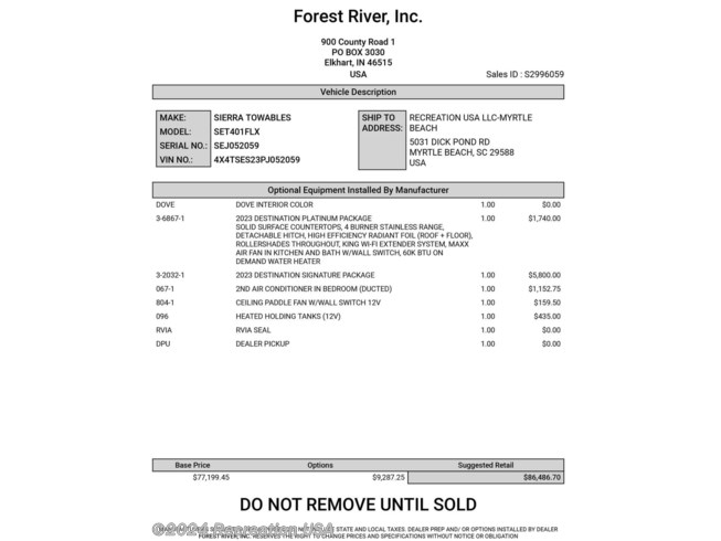 2023 Sierra Destination 401FLX by Forest River from Recreation USA in Myrtle Beach, South Carolina