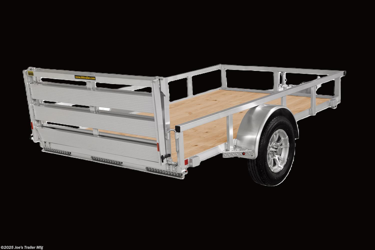 H & H 6 X 12 Aluminum Rail Side, 3 X 2 Angle Aluminum Extrusion Frame, Aluminum Extrusion Tube Upright Sides, 2 x 2 Tube Top Rail, Aluminum Triple Tube Tongue, Treated Wood Deck, 15" Aluminum Wheels, 15" Radial Tires, A-Frame Posi-lock Coupler, Dual Safety Chains & Hooks, Swivel Jack with Caster Wheel, LED Lighting, Sealed Wiring Harness, Aluminum Stake Pockets, 54" Bi-Fold Gate, Load Angle & Ramp Length, Load Angle: 17°, Ramp Length: 58" (Measured from ramp pivot point), Aluminum Extrusion Tube, Aluminum Rail Side, Aluminum Trailer Components, Trailer Decking, Aluminum Wheels and Tires, Radial Trailer Tires, A-Frame Coupler, Safety Chains and Hooks, Swivel Trailer Jack, LED Trailer Lights, Sealed Trailer Wiring, Bi-Fold Trailer Gate, Trailer Ramp Length, Aluminum Extrusion Frame, Trailer Load Angle, Heavy Duty Aluminum Components