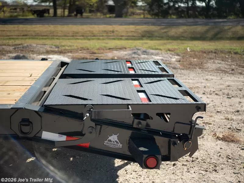 Ironbull EWB8324 Equipment Trailer, 8” I-Beam Frame, 16,000 lb GVWR, Tandem 8k Brake Axles, Super Lube Hubs, 235/80 R16 Radial Tires, Equipped Brakes, Oversized Front Tool Box, 10k Drop-Leg Bolt-On Jack, Rampage Ramps, 2x8 Treated Lumber Flooring, 16” Black Wheels, 8 Weld-On D-Rings, Removable 14 Ga Diamond Plate Fenders, 3” Structural Crossmembers, 16” Centers, Integrated Tie-Downs, Front Bump Rail, Weld-On 3/8” Safety Chains, 5 Position 2 5/16” Ball Coupler, Powdura Powder Coat, One Cure Primer, Lifetime LED Lights, Stop, Signal, Marker, License Plate, 6 Leaf Spring Suspension, DOT Reflective Tape, Electric Breakaway Kit, Charger, DOT Approved Lighting, Molded Sealed Harness, Heavy Duty Equipment Trailer, High Capacity Trailer, Off-Road Trailer, Durable Construction, Safety Features, Trailer Accessories