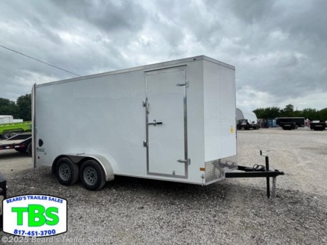 Passport 

Steel Frame 

V-Front 

16ft Long 

Flat Roof 

7ft Wide 

2-5/16in 14,000lb Coupler 

Crossmembers 24in On Center 

2in x 4in Tube Main Rails 

V-Nose 

Tube Roof Bows 24in On Center 

8/0 x 27&quot; G3 Safety Chains with Slip Hook 

6&#39;6&quot; Approximate Inside Height 

76 1/2&quot; Z Posts 

Vertical Posts 16in On Center 

Sand Pad 

2,000lb Top Wind Tongue Jack 

Standard A-Frame Tongue 

Breakaway Kit Assembly w/Charger 

3.5K Spring Ele Brake Axle, 4in Drop,5b,EZ Lube 

Tandem Axle 

ST205/75R15 Radial 5B Silver Mod Steel Wheel 

32 x 72 Side MFG Door w/Grab Handle &amp; Bar Lock 

3/4in PlexCore Decking 

3/8in PlexCore Sidewall Liner 

5,000lb Square D-Ring with Welded Plate 

12V Dome Light 

License Plate Bracket w/ Separate Light 

LED Fender Mount Clearance Lights 

LED S38 Red Lens Red Clearance Lights 

LED S38 Amber Lens Amber Clearance Lights 

LED Slim Line Red Lens Tail Lights 

LED Red Lens Rear Clearance Light ID Bar 

1-Piece Aluminum Roof 

6in Screw Pattern for Exterior Aluminum 

Smooth Aluminum Fenders 

16in Starbright Stoneguard 

Sidewall Flow-Thru Vents 

3-Year Limited Warranty