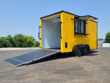 Blackout Package featuring HD colors&lt;br&gt;- 7&amp;#8217; wide x 14&amp;#8217; long x 7&#39; interior height&lt;br&gt;- (2) 3500lb axles with 4 wheel electric brakes&lt;br&gt;- 7000 GVWR&lt;br&gt;- Payload capacity is approximately: 4960lbs&lt;br&gt;- Spring assisted rear ramp door with ramp extension&lt;br&gt;- Upgraded 36&quot;x75&quot; RV style roadside entrance door&lt;br&gt;- Flat Front/Round Corner design&lt;br&gt;- Aluminum exterior is .030 thickness&lt;br&gt;- SEMI-SCREWLESS EXTERIOR&lt;br&gt;- 15&quot; Radial tires w/ Upgraded Spyder Aluminum Wheels&lt;br&gt;- Roof Mounted AC W/Heat Strip&lt;br&gt;- ALUMINUM 2-way side flow vents&lt;br&gt;-48Wx36H concession Door W/Glass &amp;amp; Screen&lt;br&gt;-12&quot;x48&quot; Fold Down Exterior Shelf&lt;br&gt;-Rubber Coin Floor&lt;br&gt;**50AMP Electrical Pkg: (2) 15A Recepts, (1) 12V 2-way Switch, (2) 4&#39; LED Striplights, 50A WFCO Converter panel &amp;amp; Breaker w/Motor Base Plug ILO Cord&lt;br&gt;**Water Package: 80-1/2&quot; Base cabinet, Hand Wash Sink, Triple Sink, 6 Gal. Water Heater, 20 Gal. Fresh Water Fill Tank, City Water Fill &amp;amp; Dump Valve, 110V Water Pump, 30 Gal. Waste Tank&lt;br&gt;-3&#39;x3&#39; Generator Platform&lt;br&gt;-80-1/2&quot; Overhead Cabinet&lt;br&gt;- 3 year warranty&lt;br&gt;&lt;br&gt;* HD FRAMING *&lt;br&gt;- 16&amp;#8221; on all centers: (floor cross members, wall uprights, and roof cross bracing)&lt;br&gt;- Box tube construction framing on everything: (main frame, floor cross members, wall uprights, and roof cross bracing)&lt;br&gt;- Triple tube extended A-frame (tongue)&lt;br&gt;- MUCH, MUCH, MORE! http://www.trailer-mart.com/--xInventoryDetail?id=13891645