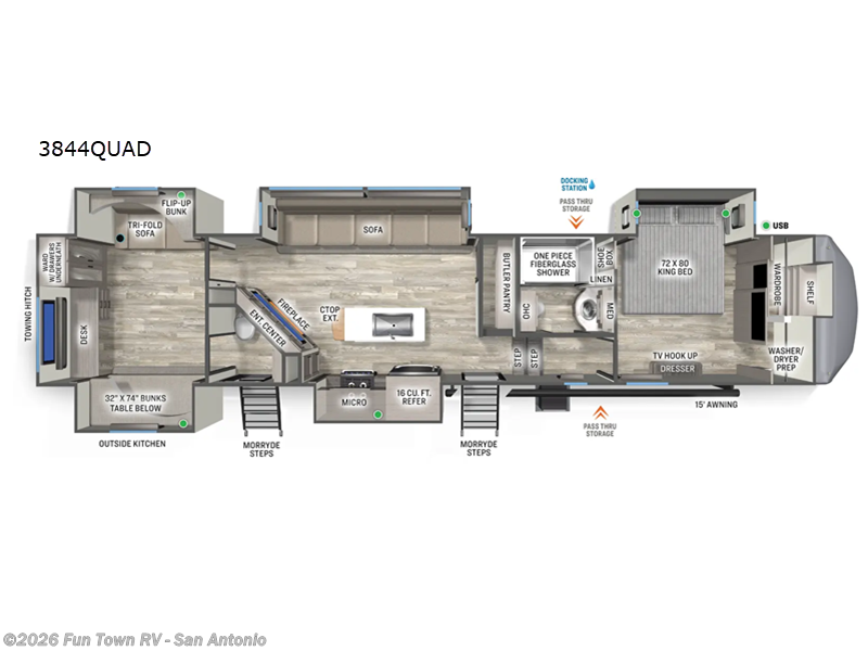 2026 Forest River Sandpiper 3844QUAD - New Fifth Wheel For Sale by Fun Town RV - San Antonio in Cibolo, Texas features Slideout