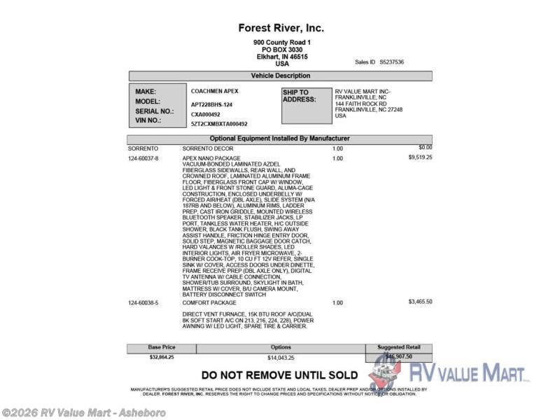 2026 Apex Nano 228BHS by Coachmen from RV Value Mart - Asheboro in Franklinville, North Carolina