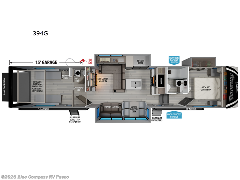 2026 Grand Design Momentum G-Class 394G - New Toy Hauler For Sale by Blue Compass RV Pasco in Pasco, Washington features Slideout