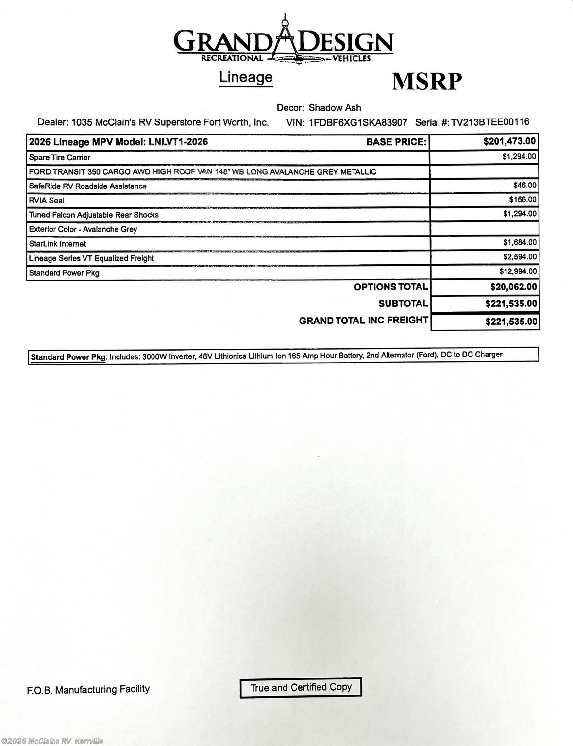 2026 Grand Design Lineage LVT1 - New Class B For Sale by McClains RV  in Kerrville, Texas