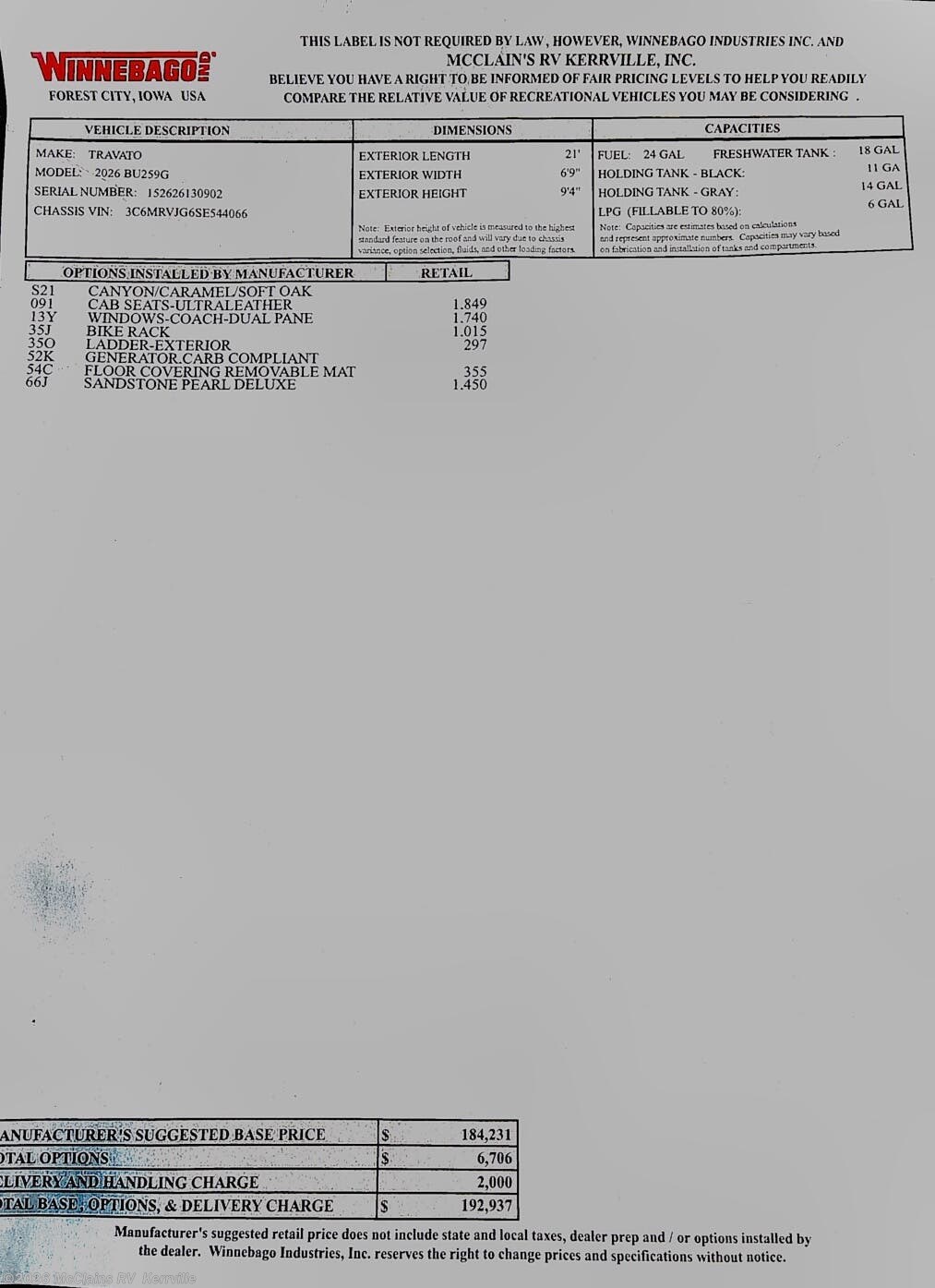 New 2026 Winnebago Travato 59G available in Kerrville, Texas