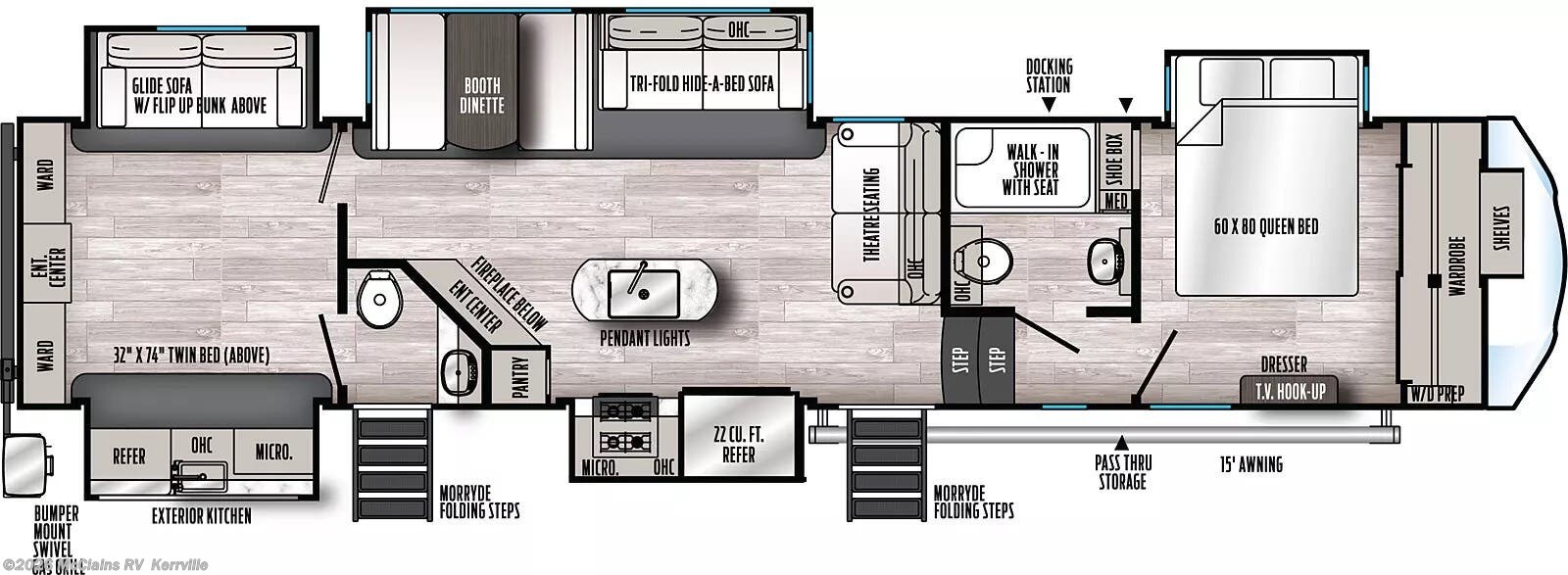 2022 Forest River Sandpiper 384QBOK - Used Fifth Wheel For Sale by McClains RV  in Kerrville, Texas features Medicine Cabinet, Leveling Jacks, Sound Bar, Queen Bed, AM/FM/CD