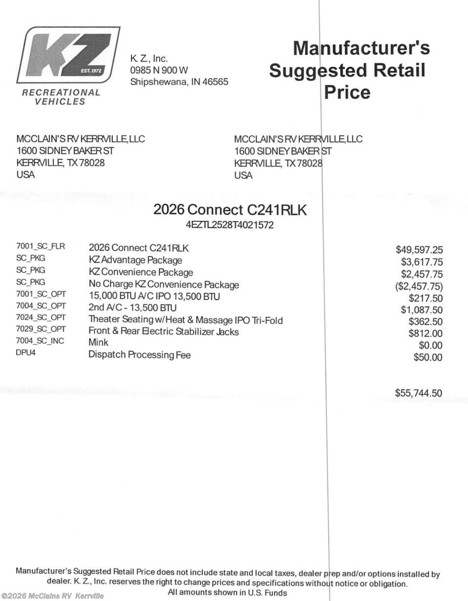 New 2026 K-Z Connect 241RLK available in Kerrville, Texas