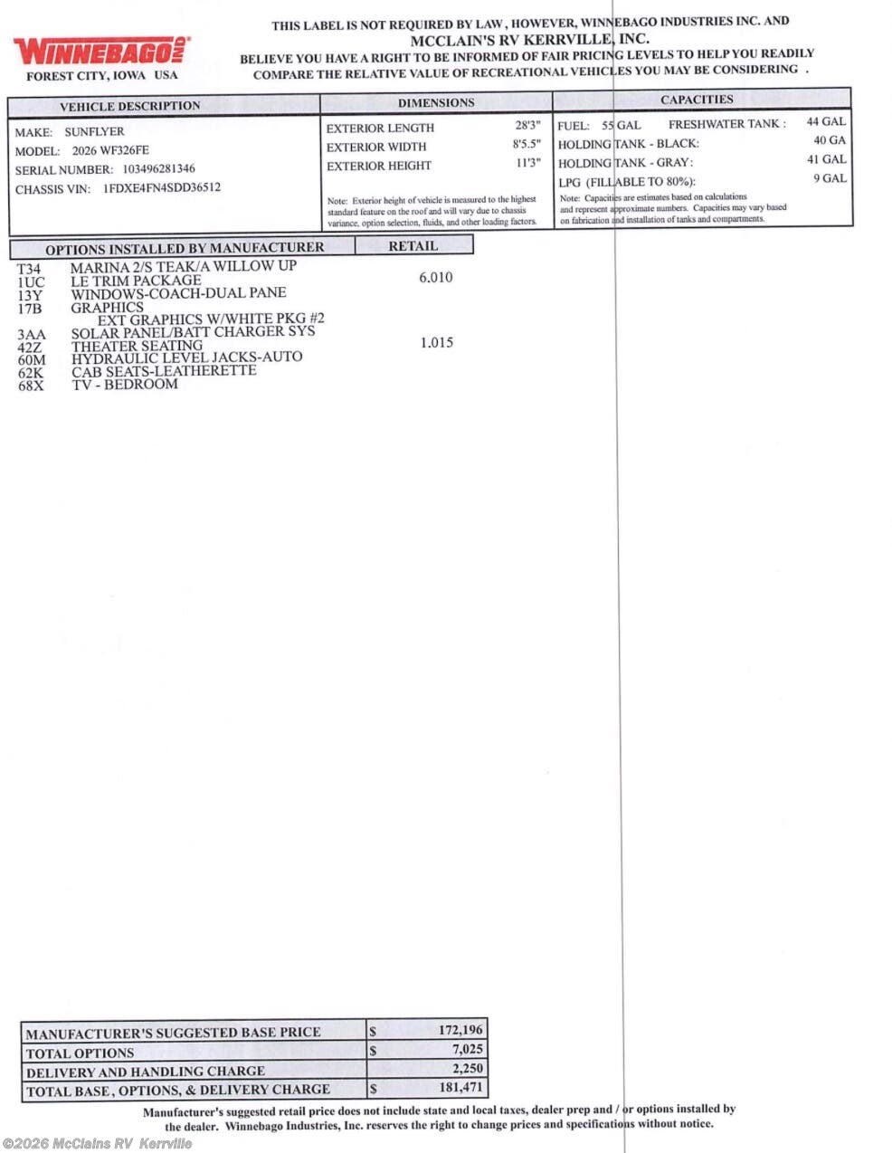 New 2026 Winnebago Sunflyer 26FE available in Kerrville, Texas
