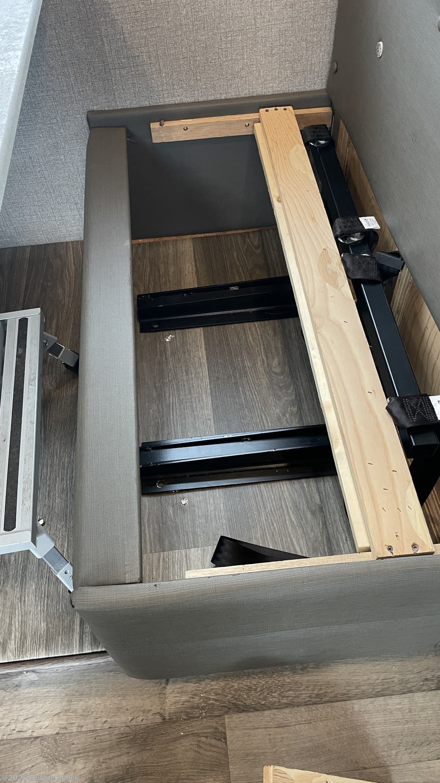 Storage exposed under right dining bench seat