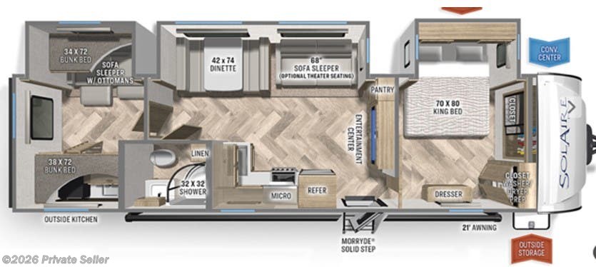 2022 Palomino Solaire 320TSB - Used Travel Trailer For Sale by For Sale By Owner in Marion, Alabama features Toilet, Air Conditioning, Multi Media Sound System w/Input Jacks, Washer, Fire Extinguisher