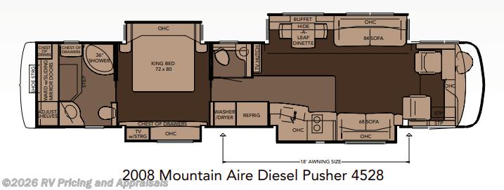 2008 Newmar Mountain Aire 4528 LOCATED IN BUFORD GA 30519 - Used Class A For Sale by RV Pricing and Appraisals in , Florida features Power Awning, Leveling Jacks, Alloy Wheels, Automatic Leveling Jacks, Day/Night Shades